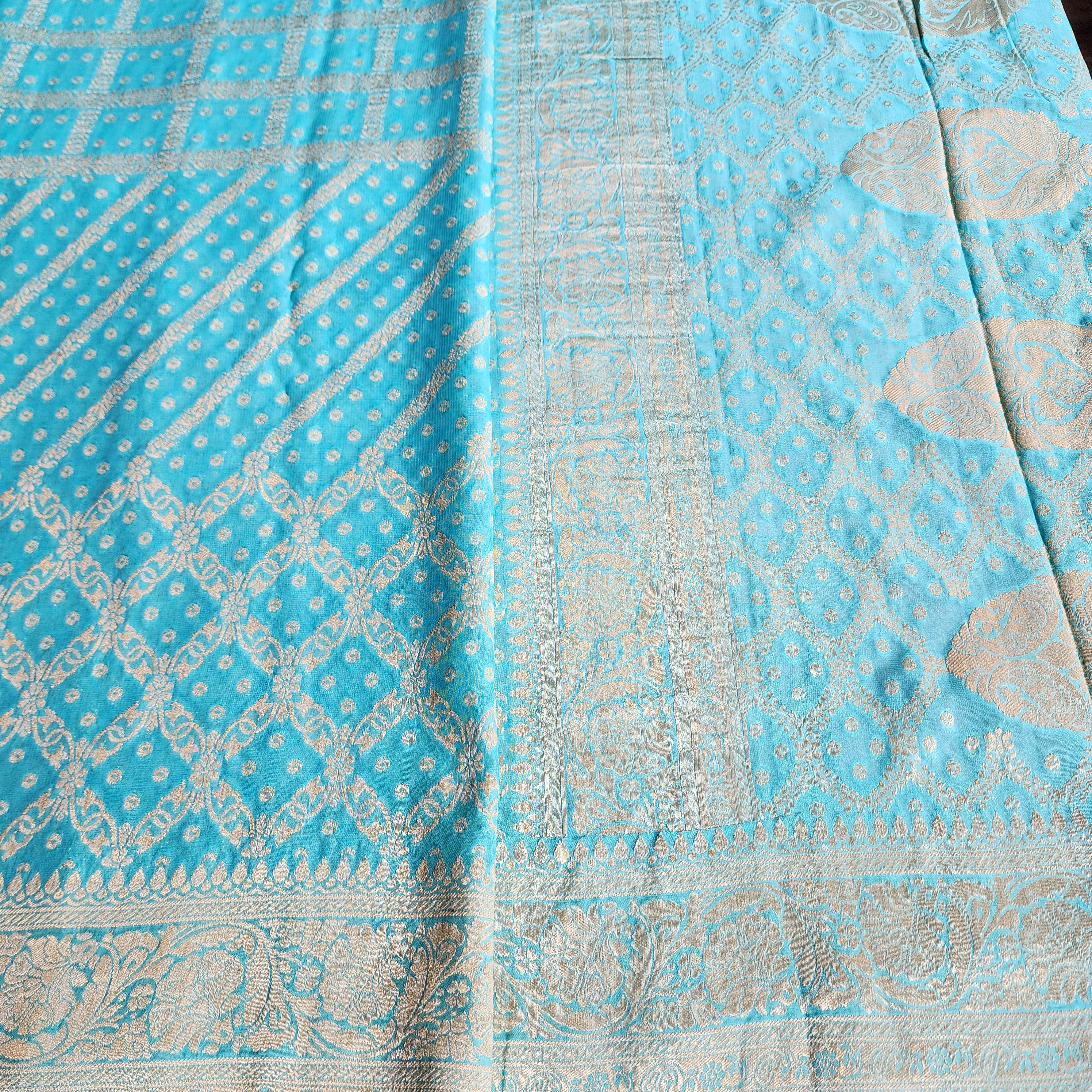Turquoise Pure Khaddi Georgette Banarasi Saree with Golden Zari