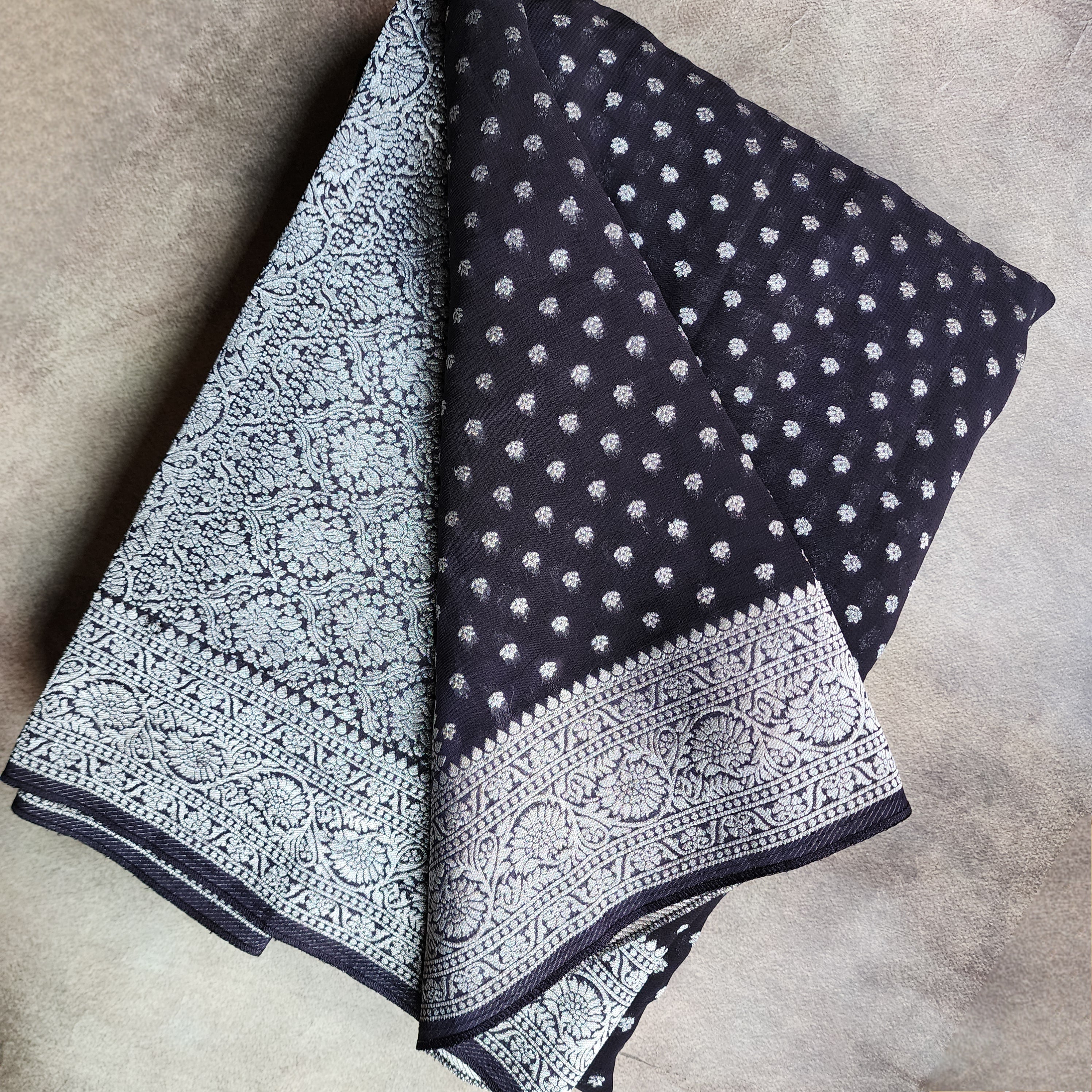 Iconic Black Khaddi Georgette Pure Banarasi Saree with Intricate Silver Zari