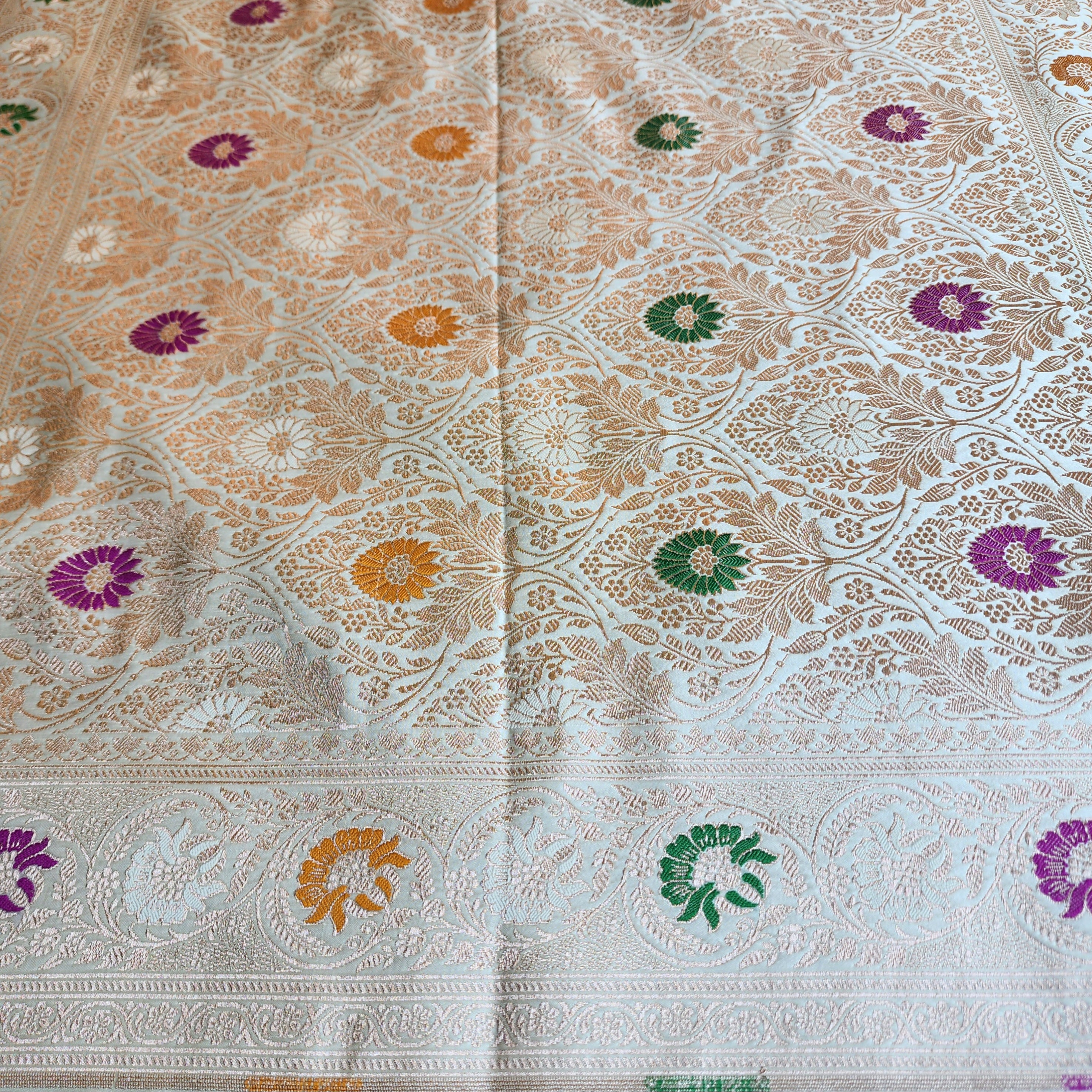 Enriched White Banarasi Katan Silk Saree with Multicolor Meenakari Floral Jaal