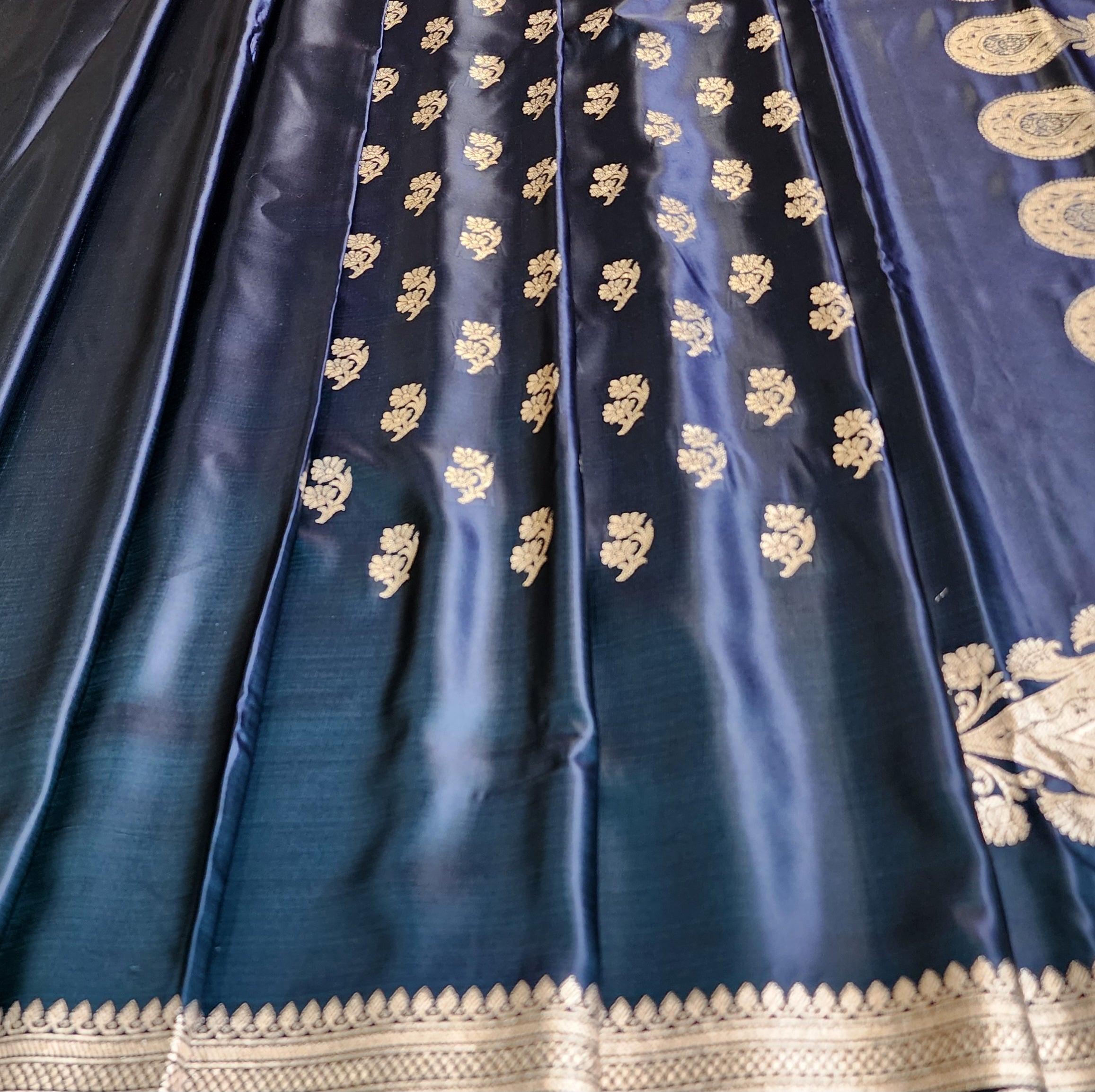 Teal Blue Pure Banarasi Katan Silk Saree with light Gold Zari Weaving