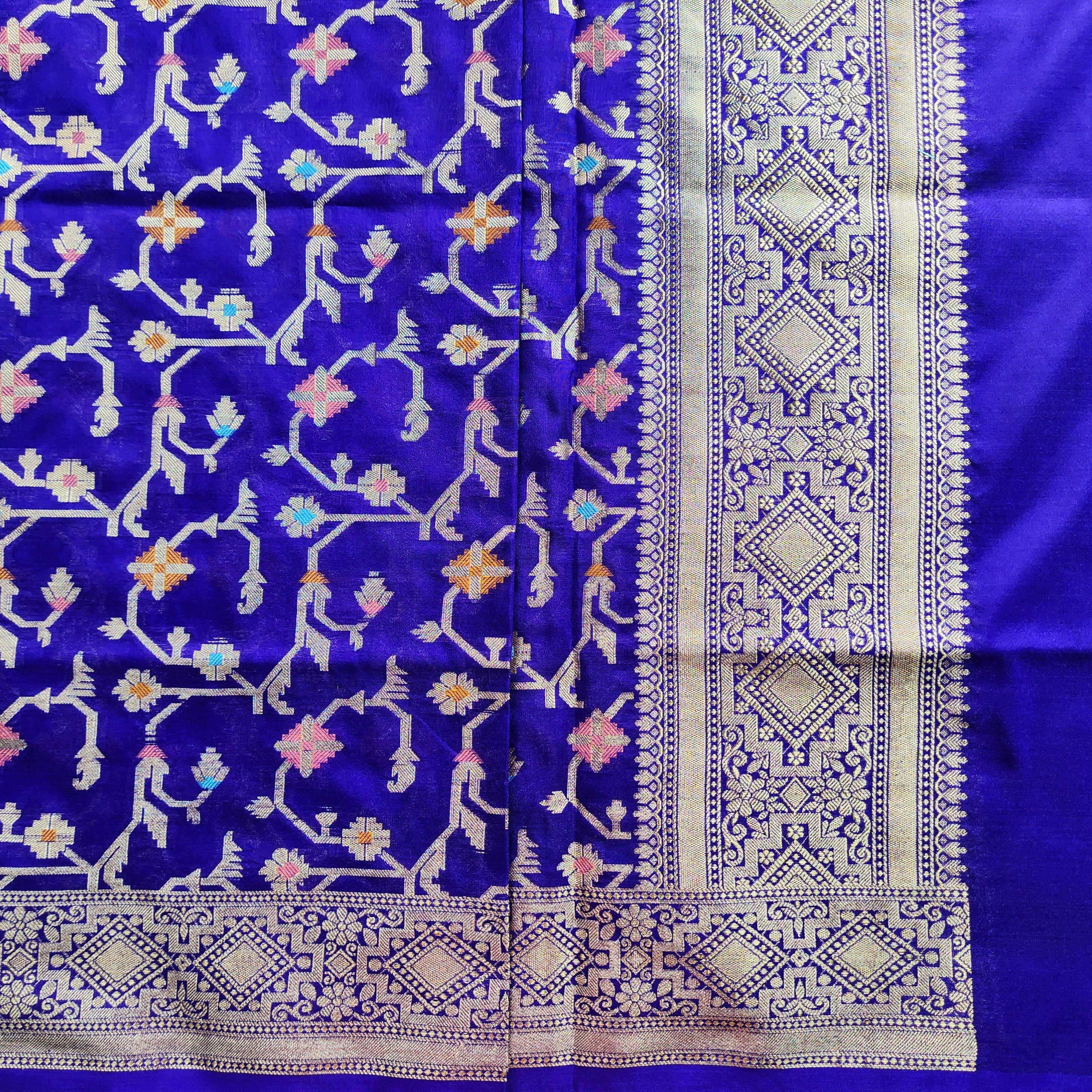 Golden Grid Banarasi Silk Dupatta with Meenakari Work in Electric Blue