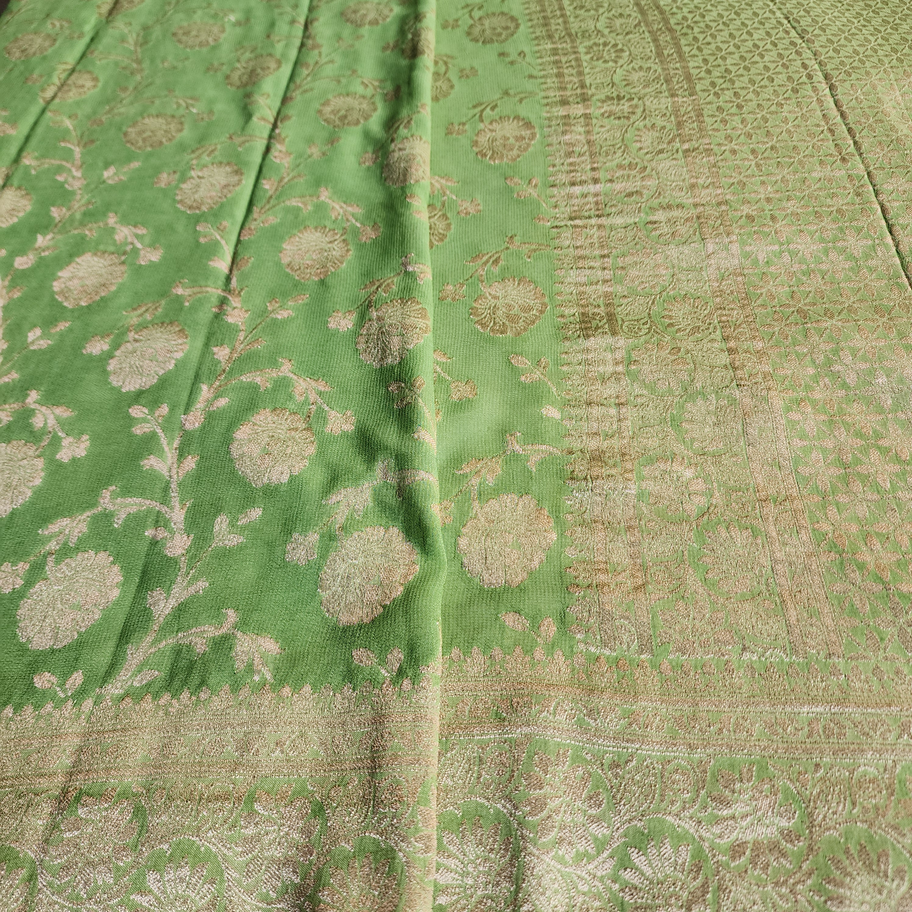 Khaddi Georgette Pure Banarasi Saree in Light Bottle Green