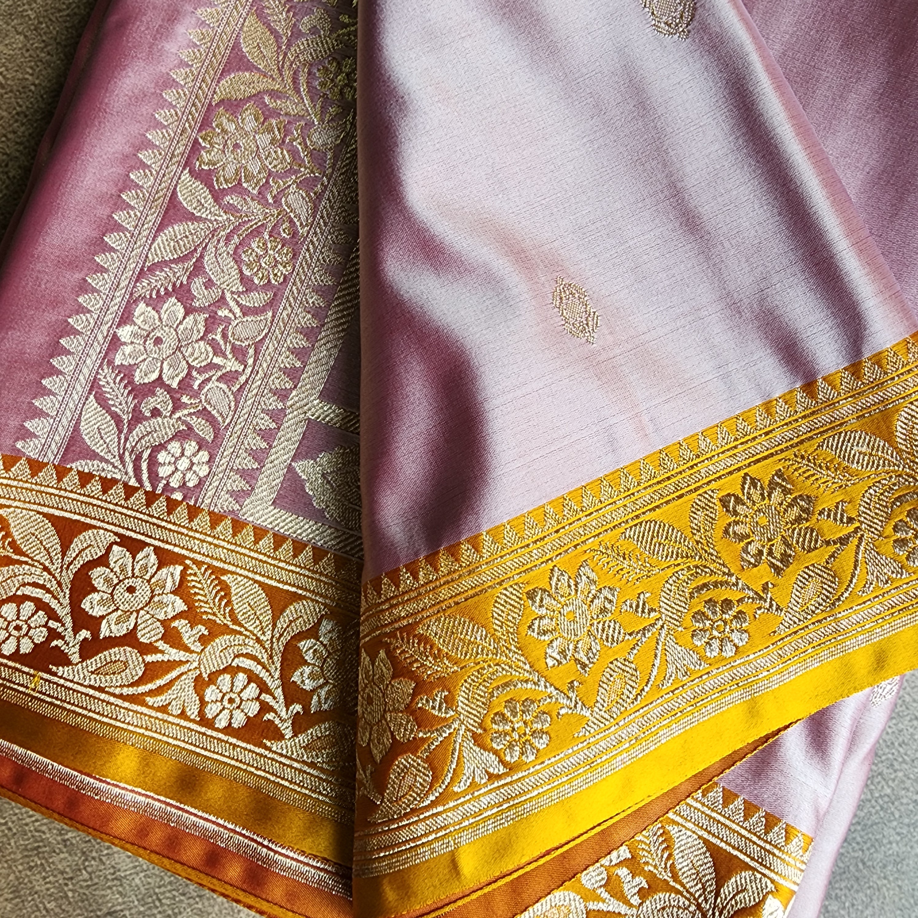 Dusty Rose Pink Katan Silk Saree with Mustard and Gold Zari Border
