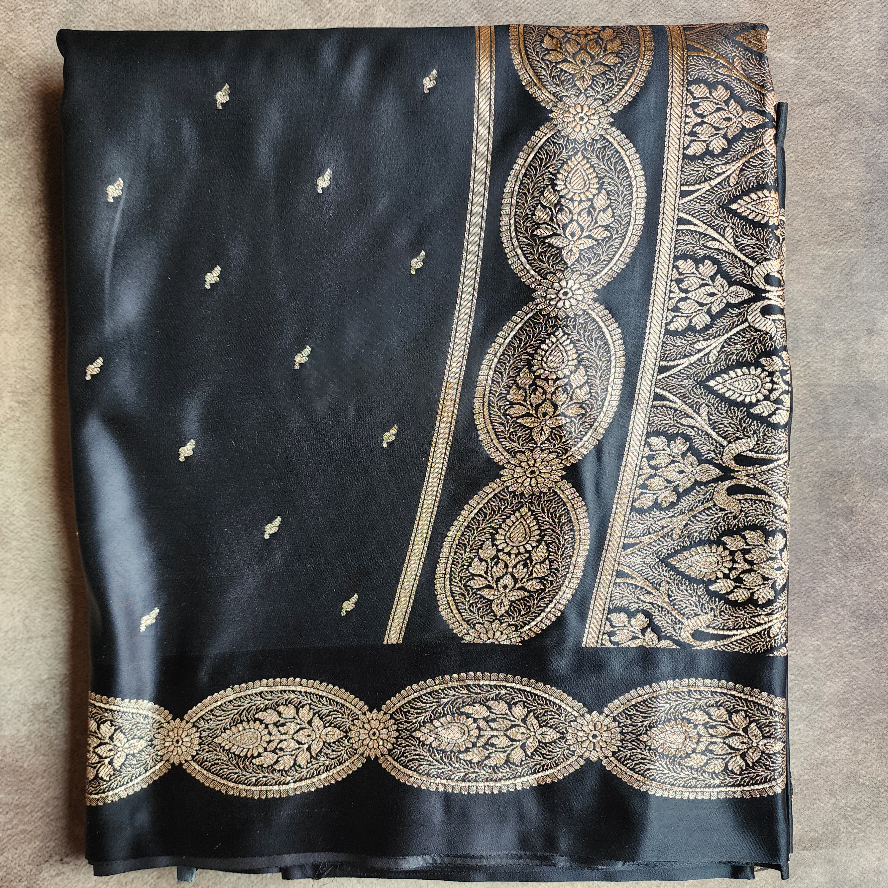 Black Pure Banarasi Katan Silk Saree with Gold Zari Weaving
