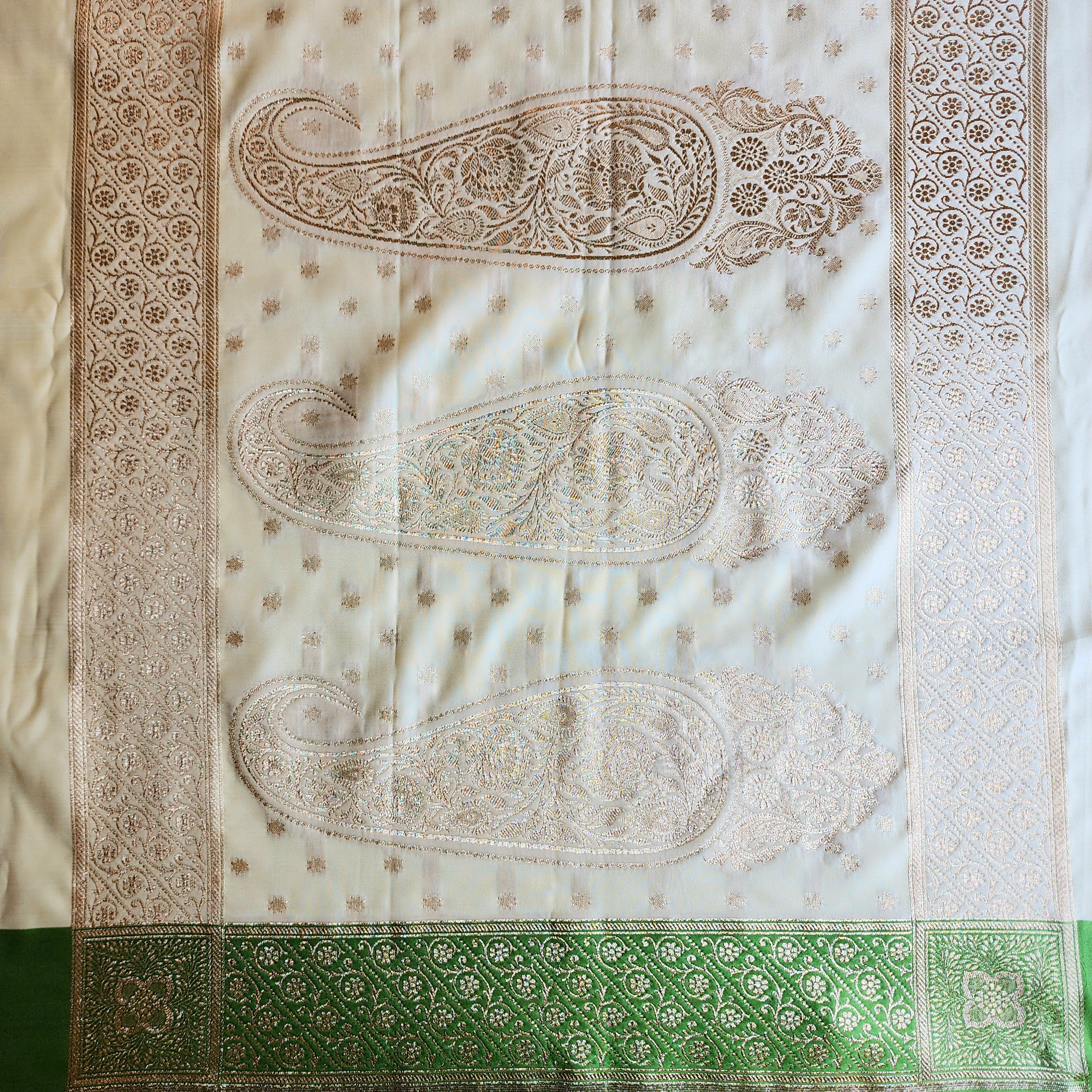 White Katan Silk Saree with Green and Gold Zari Border