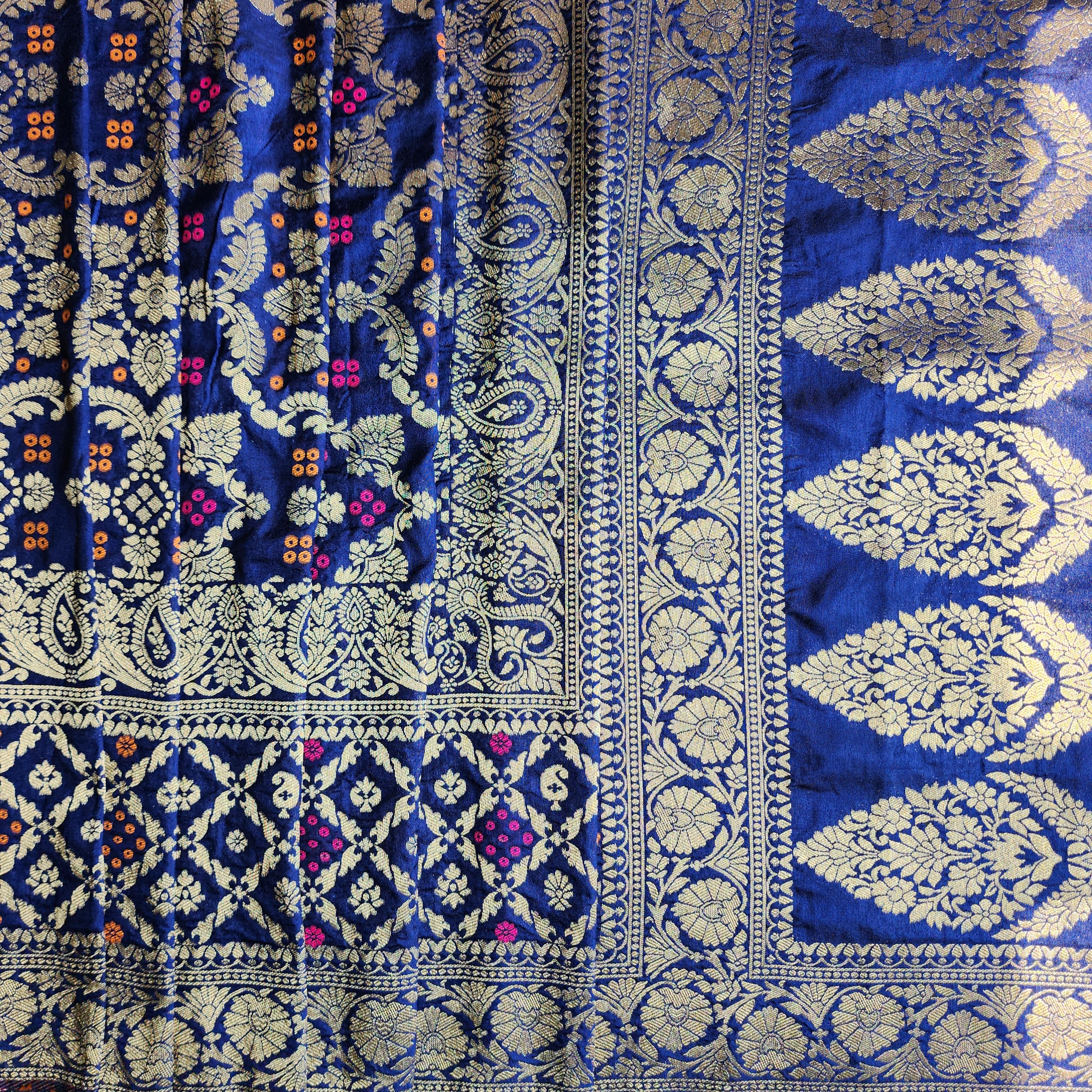 Royal Navy Blue Bandhani Dupatta with Floral and Geometric Zari Weave