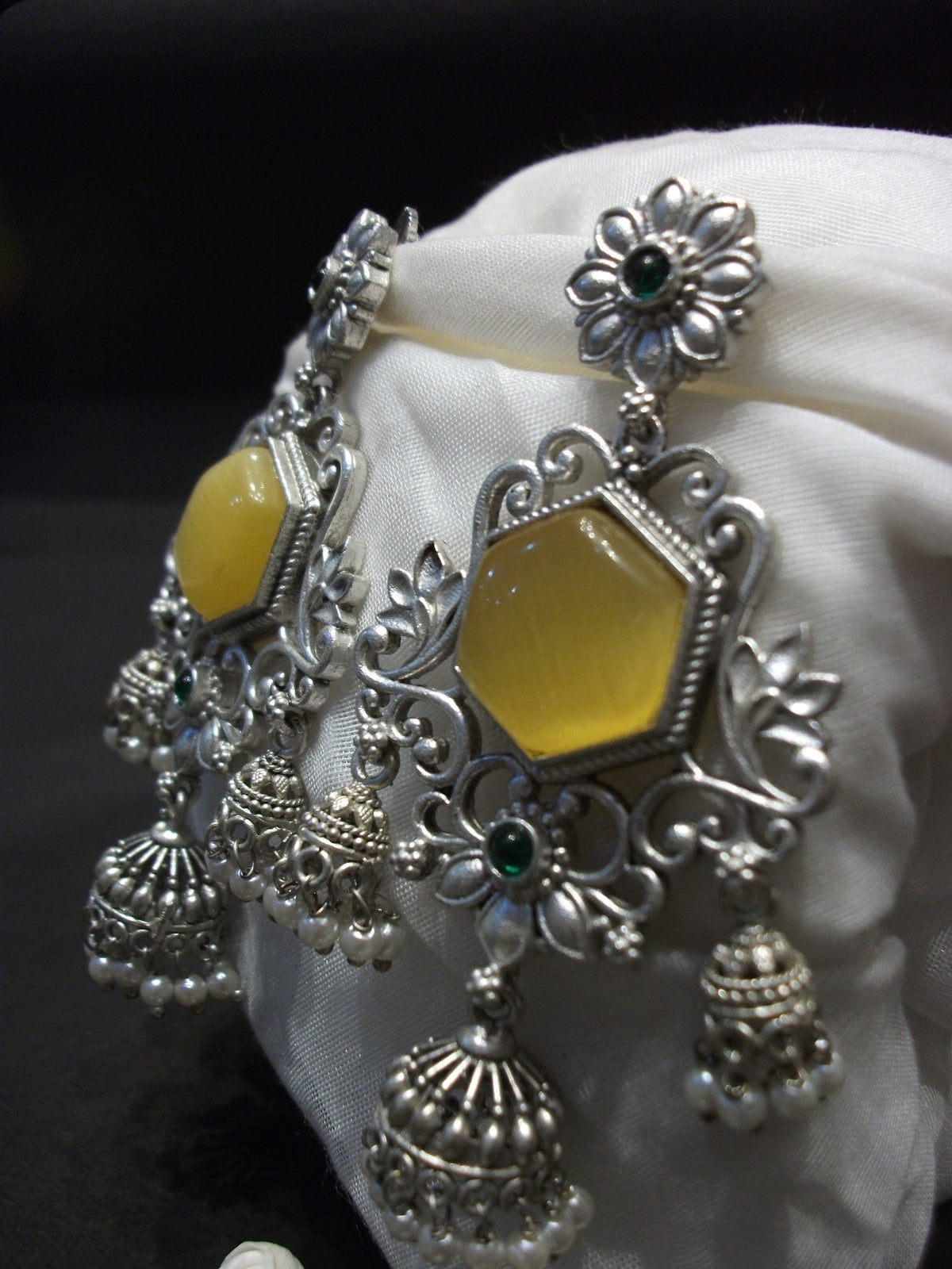 Antique Silver Mustard Yellow Floral Filigree Jhumki Earrings
