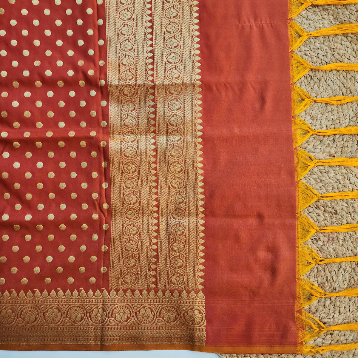 Peach Orange Banarasi Silk Dupatta with Gold Polka Dot