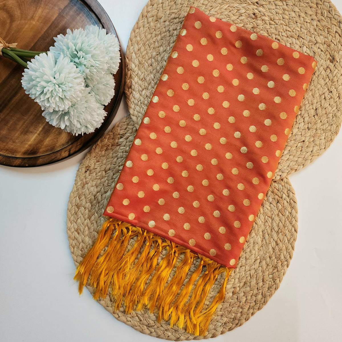 Peach Orange Banarasi Silk Dupatta with Gold Polka Dot