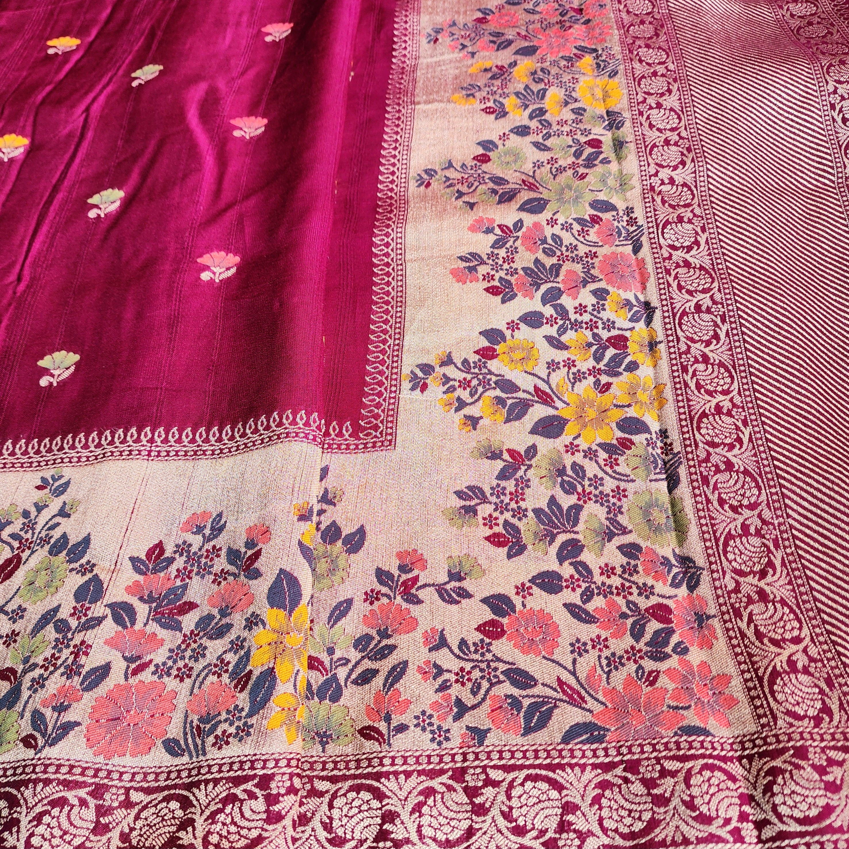 Soft Wine Raw Silk Saree With Pastel Floral Weaving and Off White Border