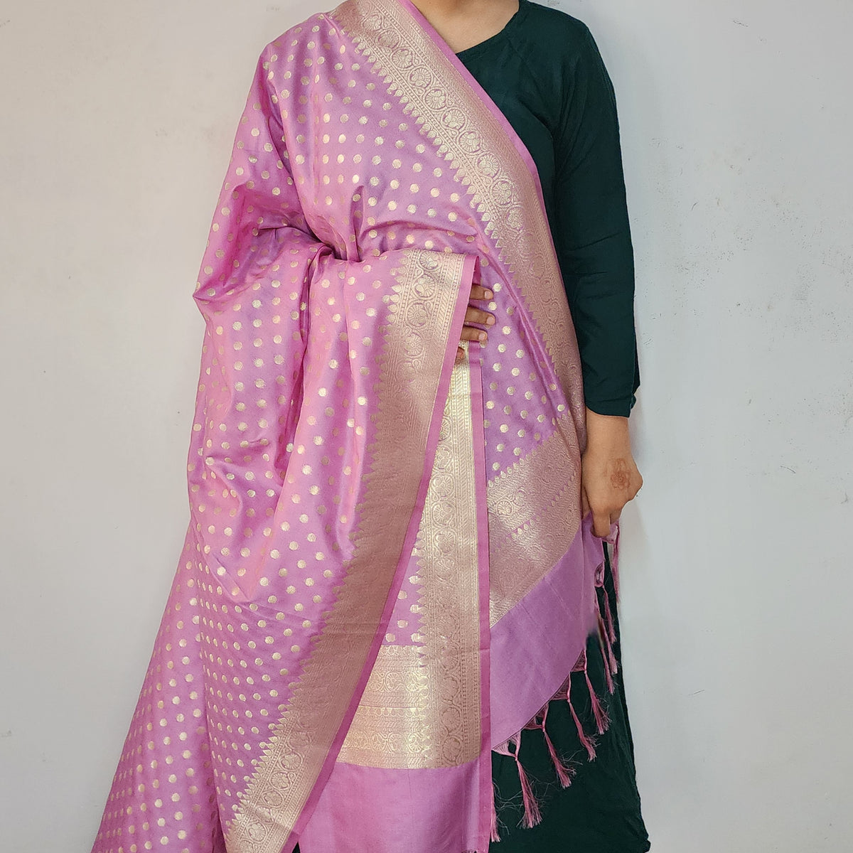 Mauve Pink Banarasi Silk Dupatta with Gold Polka Dot