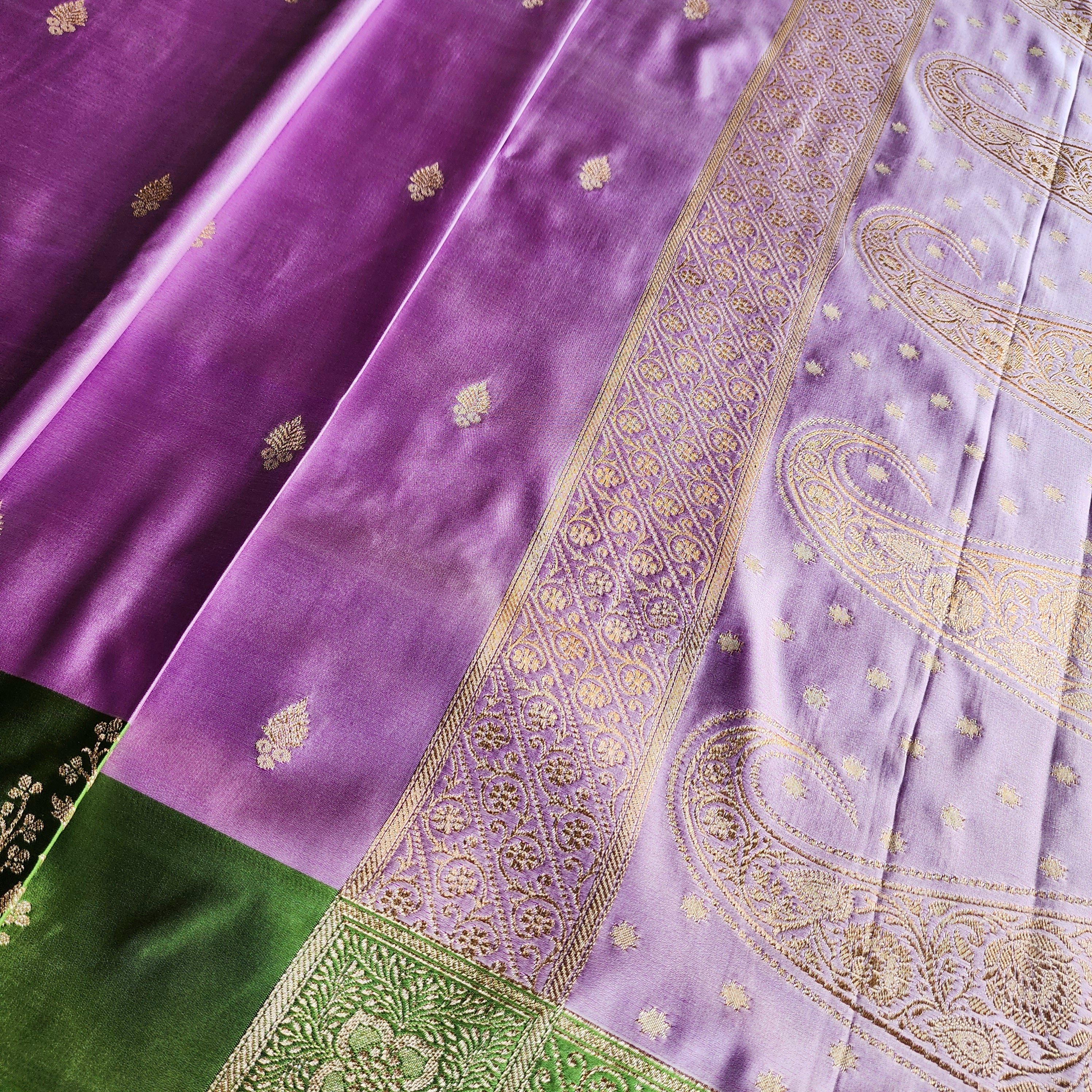 Lavender Katan Silk Saree with Parrot Green Gold Zari Border