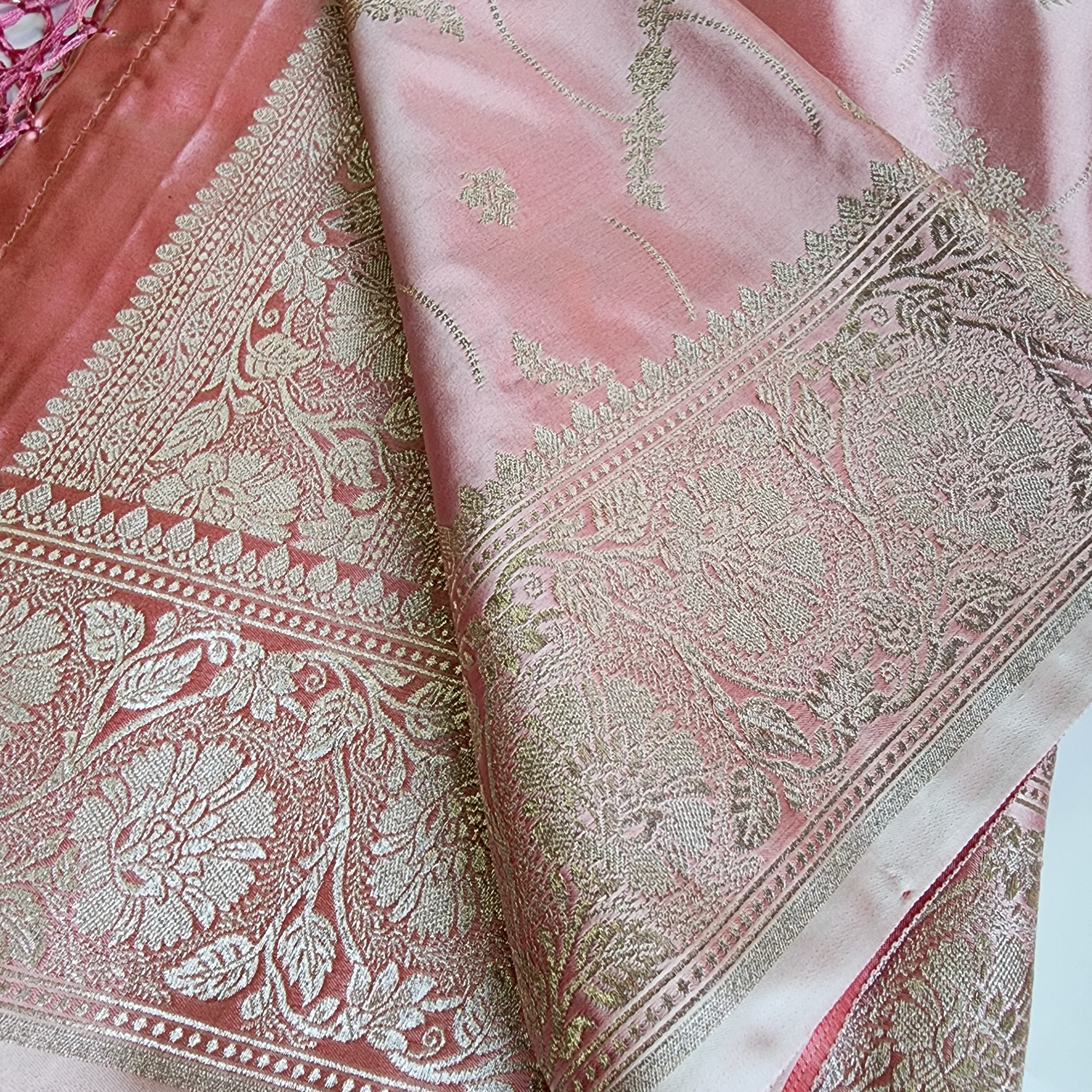 Pastel Baby Pink Banarasi Katan Silk Saree with Light Gold Zari weaving