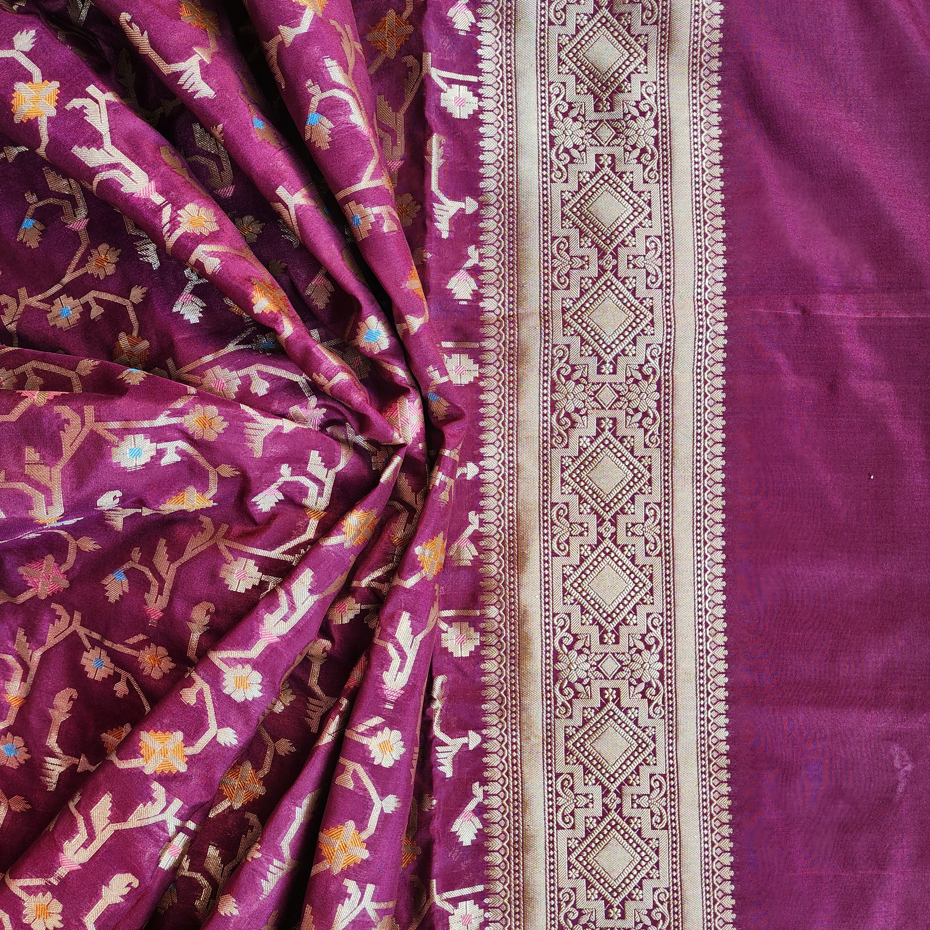 Golden Grid Banarasi Silk Dupatta with Meenakari Work in Deep Purple