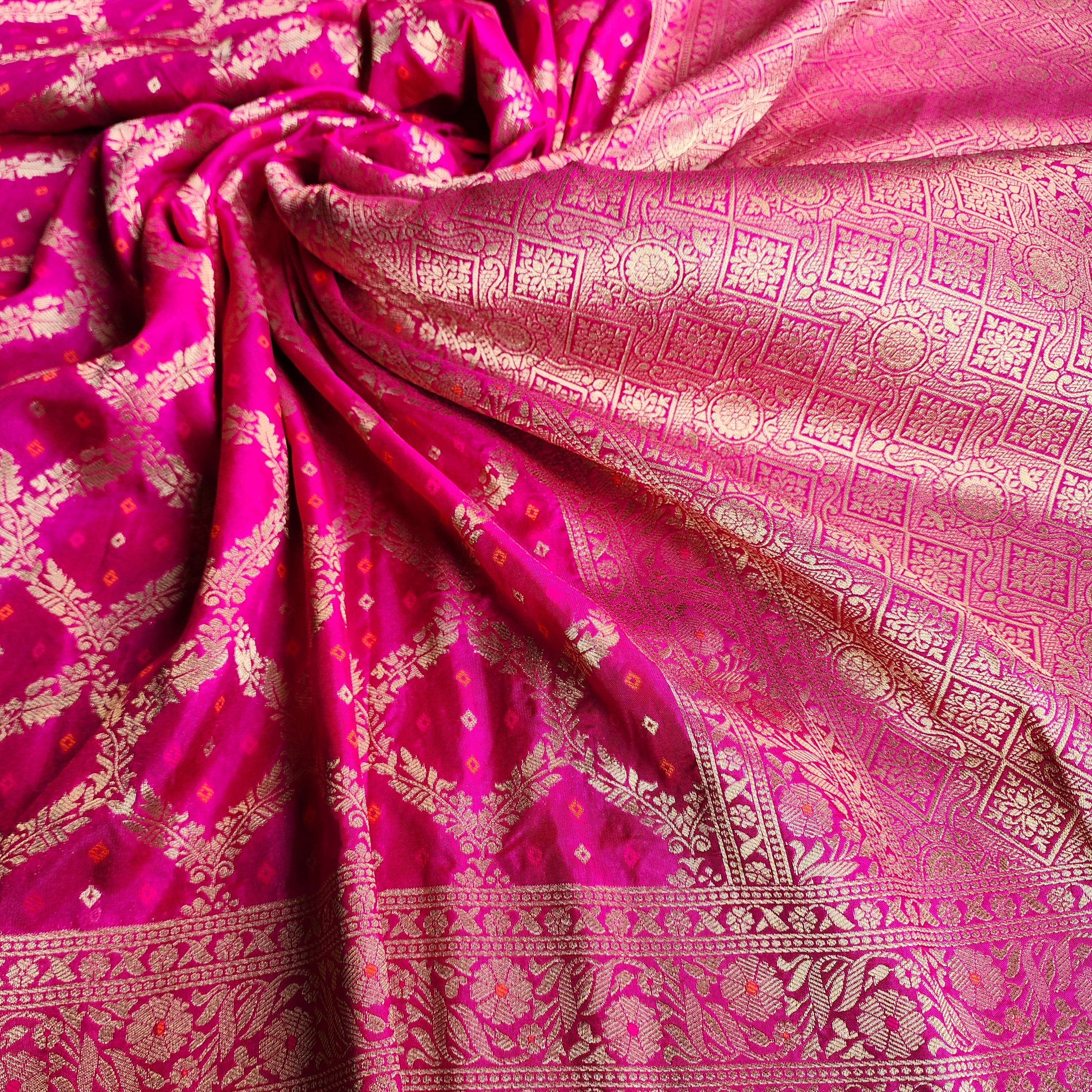 Fuchsia Pink Bandhani Dupatta with Traditional Jaal