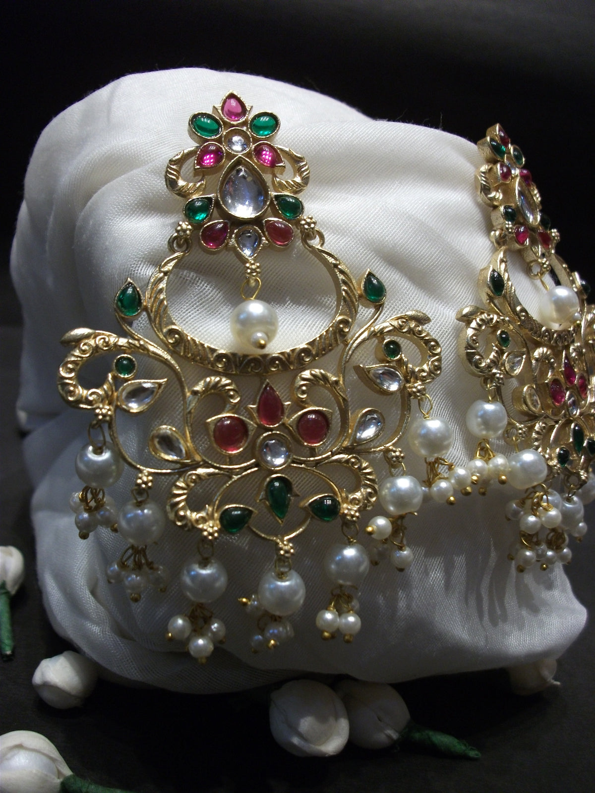 Royal Ornate Red and Green Stone Drop Earrings with Pearl Accents