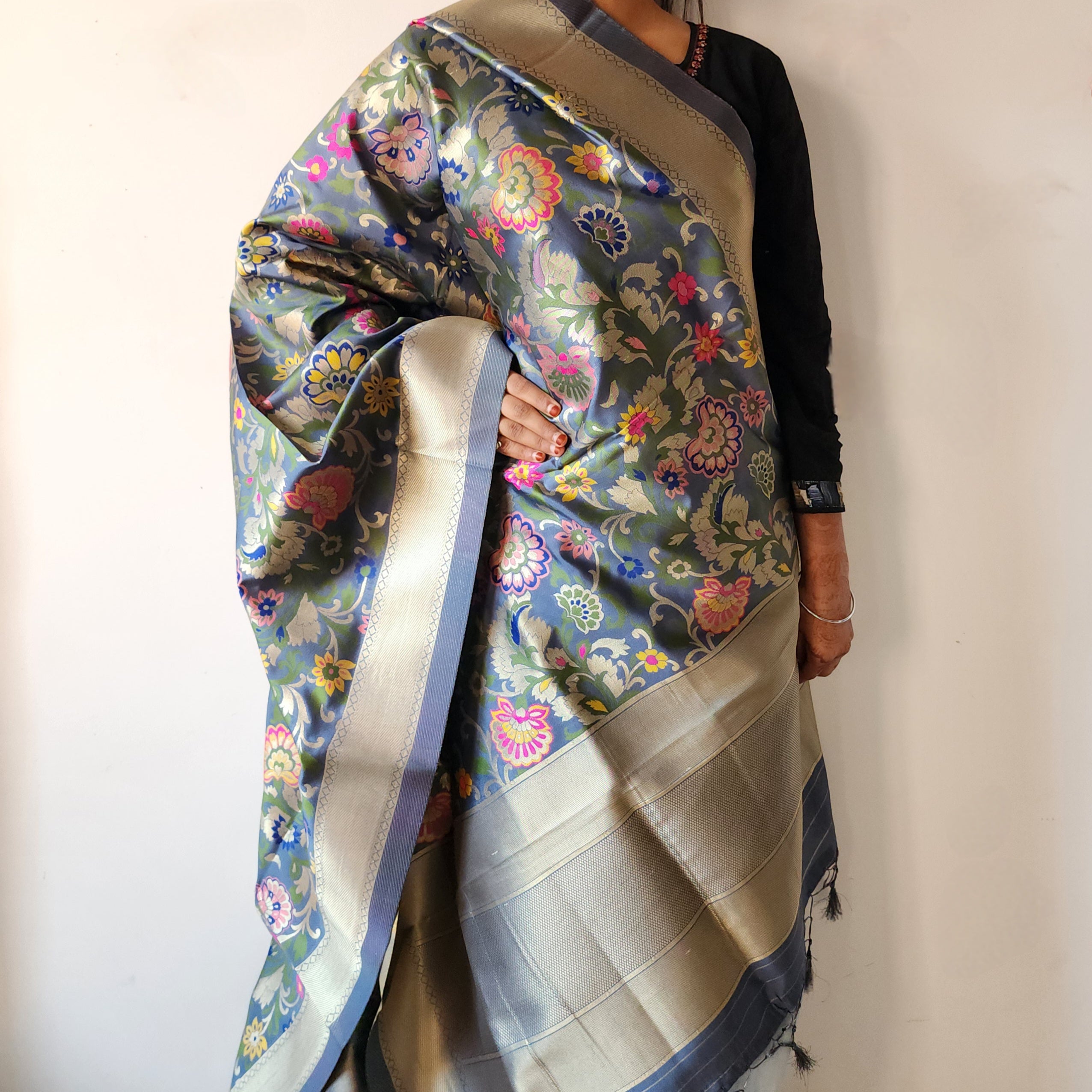 Banarasi Silk Dark Gray Dupatta with Multicolor & Gold Floral Handweaving