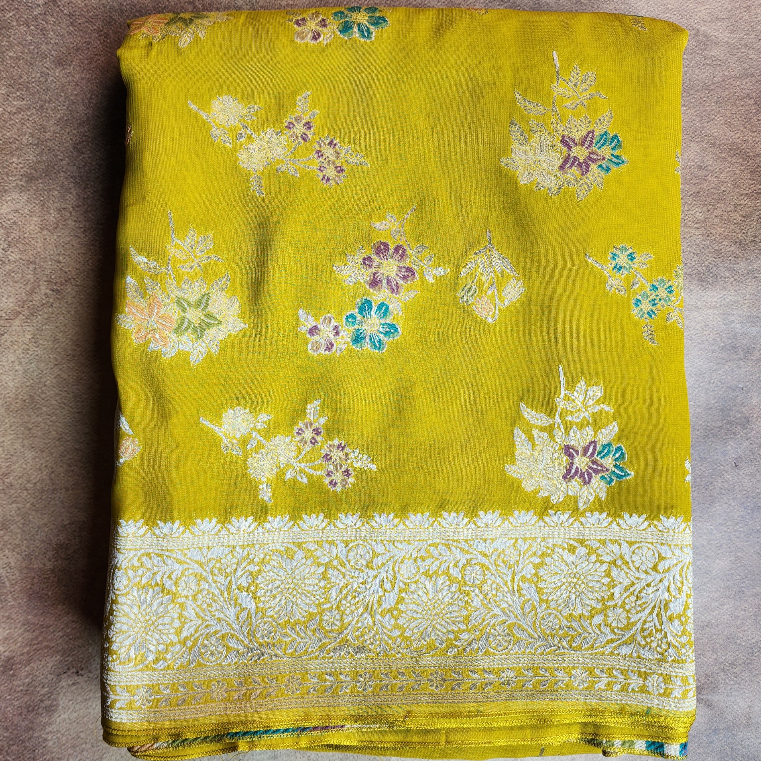Yellowish Green Muslin Silk Saree with Floral Weave