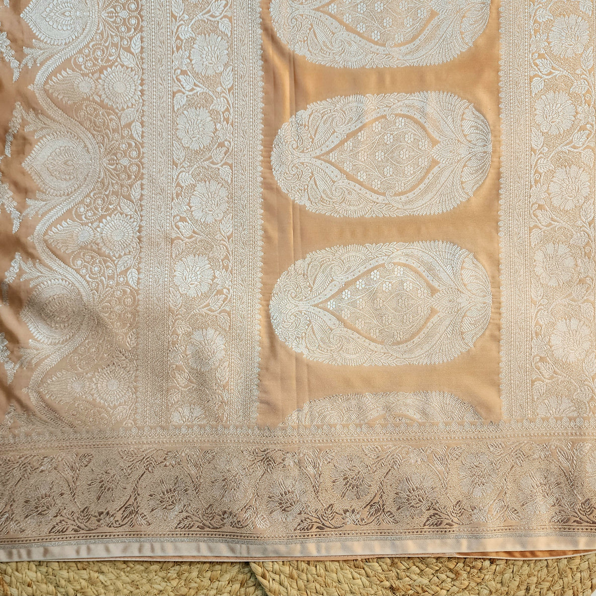 Peach Beige Banarasi Katan Silk Saree with Floral Vine Jaal