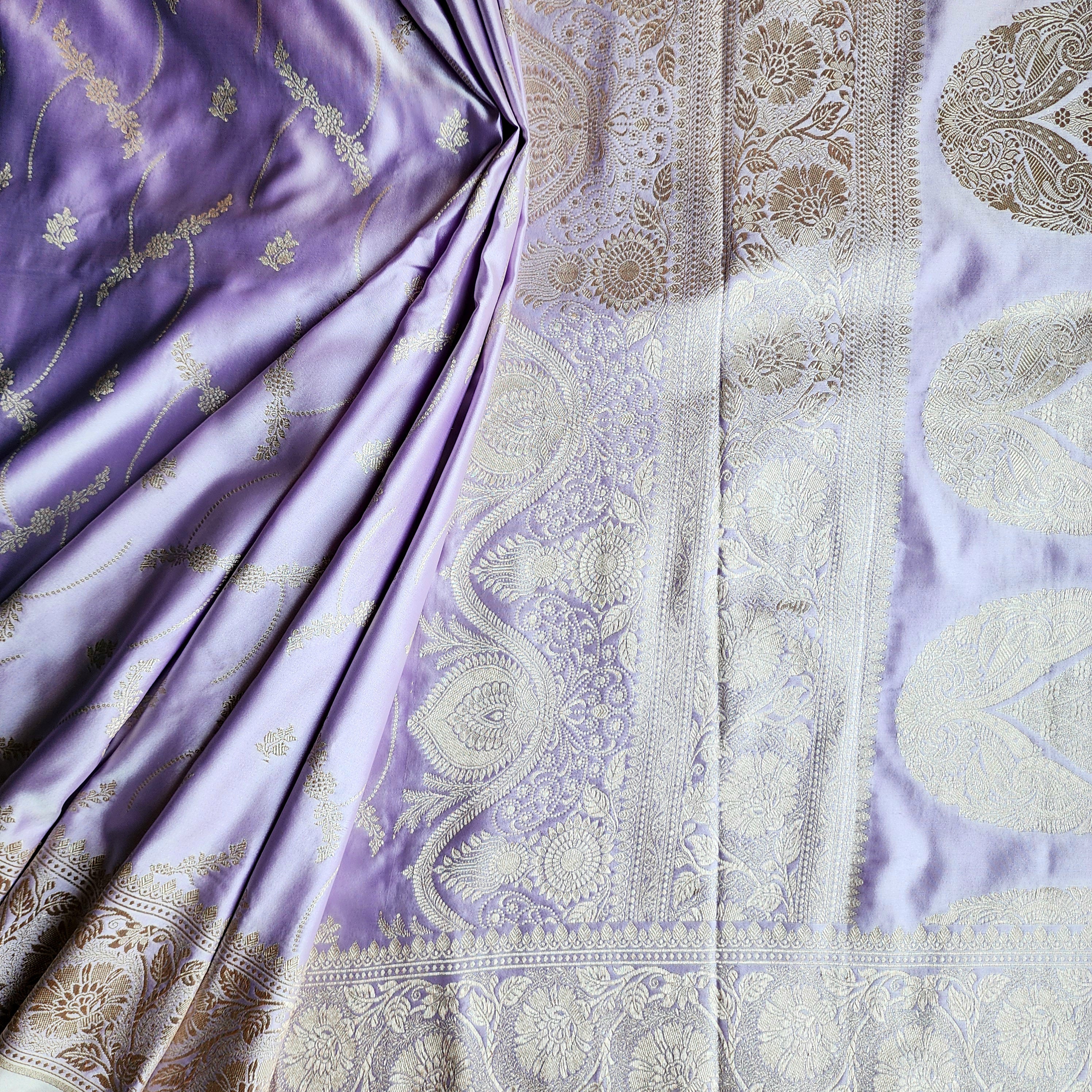 Pastel Lavender Grey Banarasi Katan Silk Saree with Light Gold Zari weaving