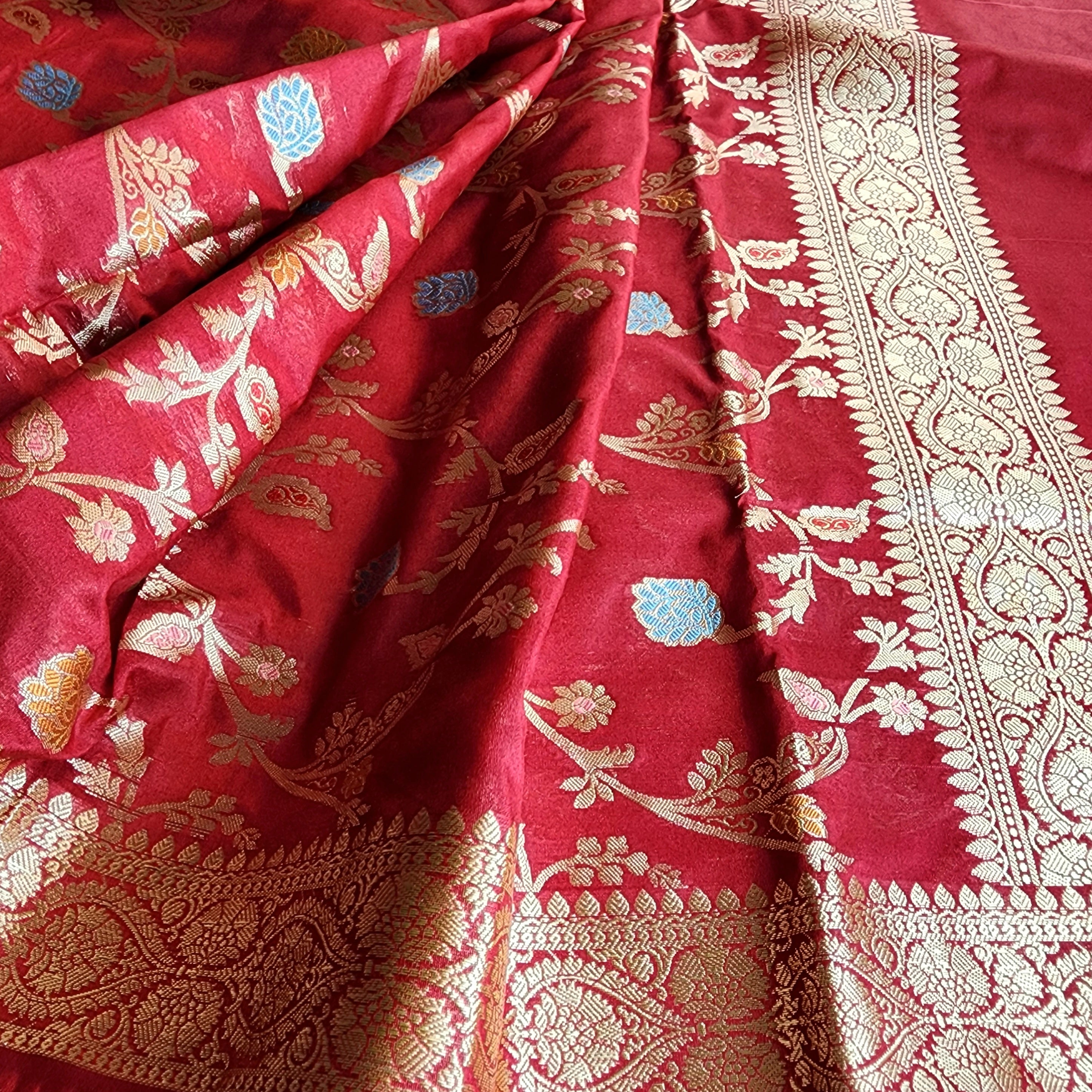 Maroon Banarasi Silk Dupatta with Gold Zari Border & Multicolor Meenakari Work