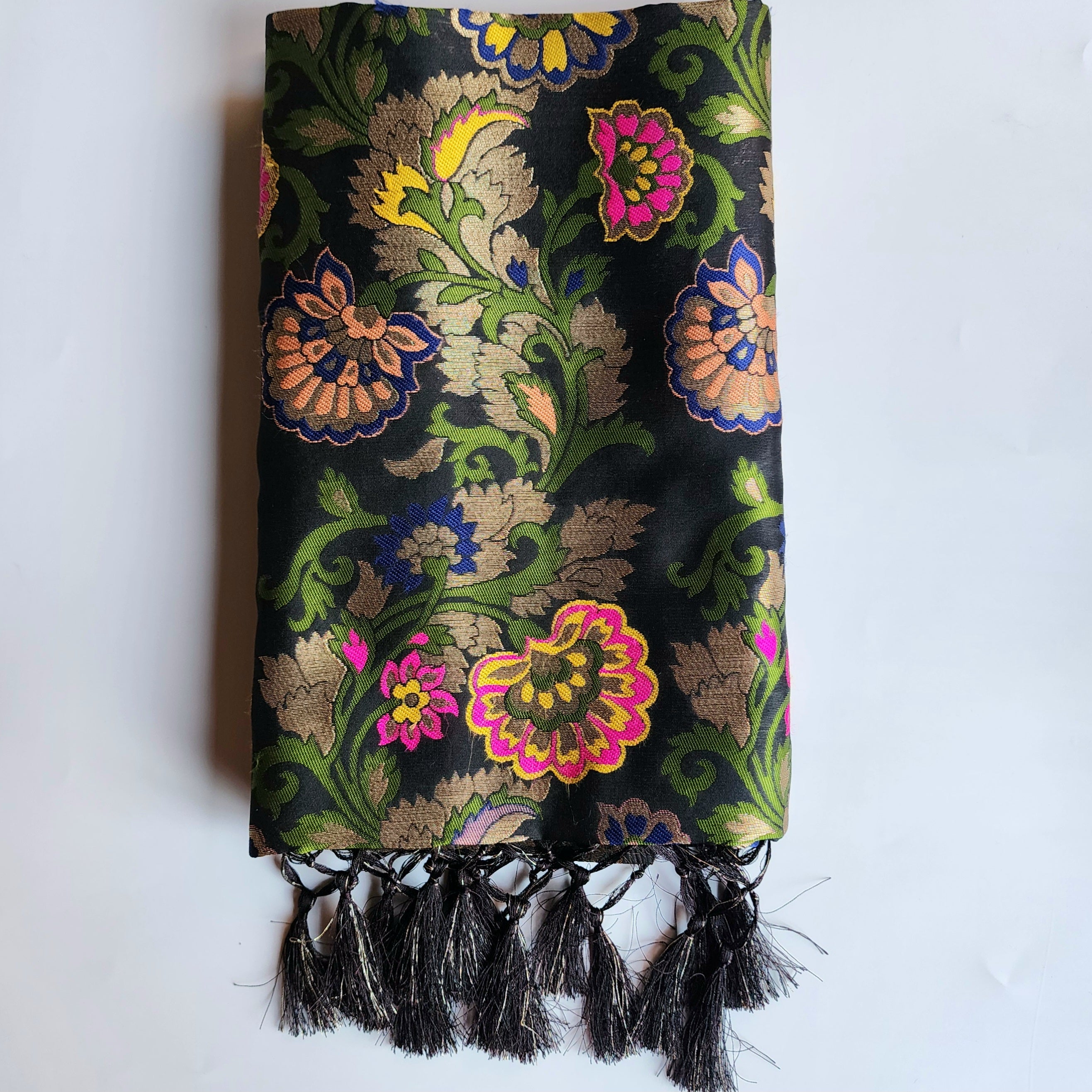 Banarasi Black Dupatta with Multicolor & Gold Floral Handweaving