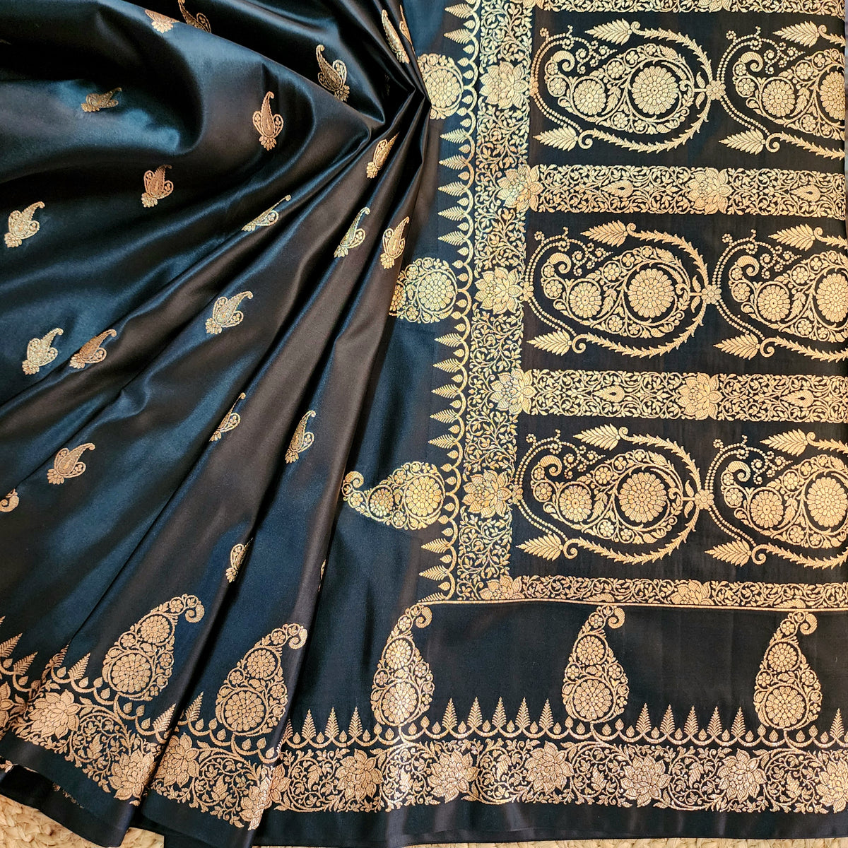 Black Paisley Katan Silk Saree with Gold Zari