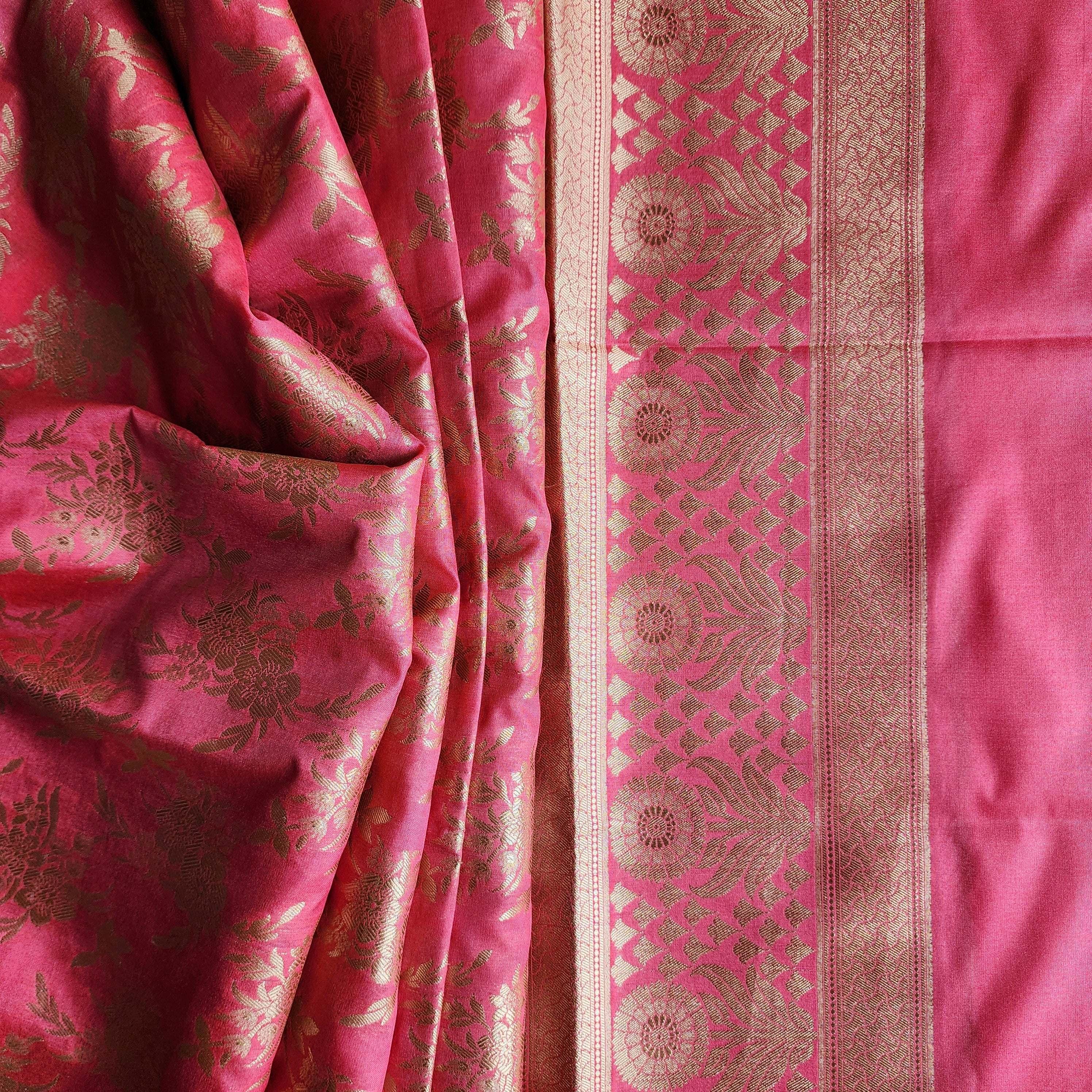 Cerise Pink Banarasi Dupatta - Floral Brocade Zari