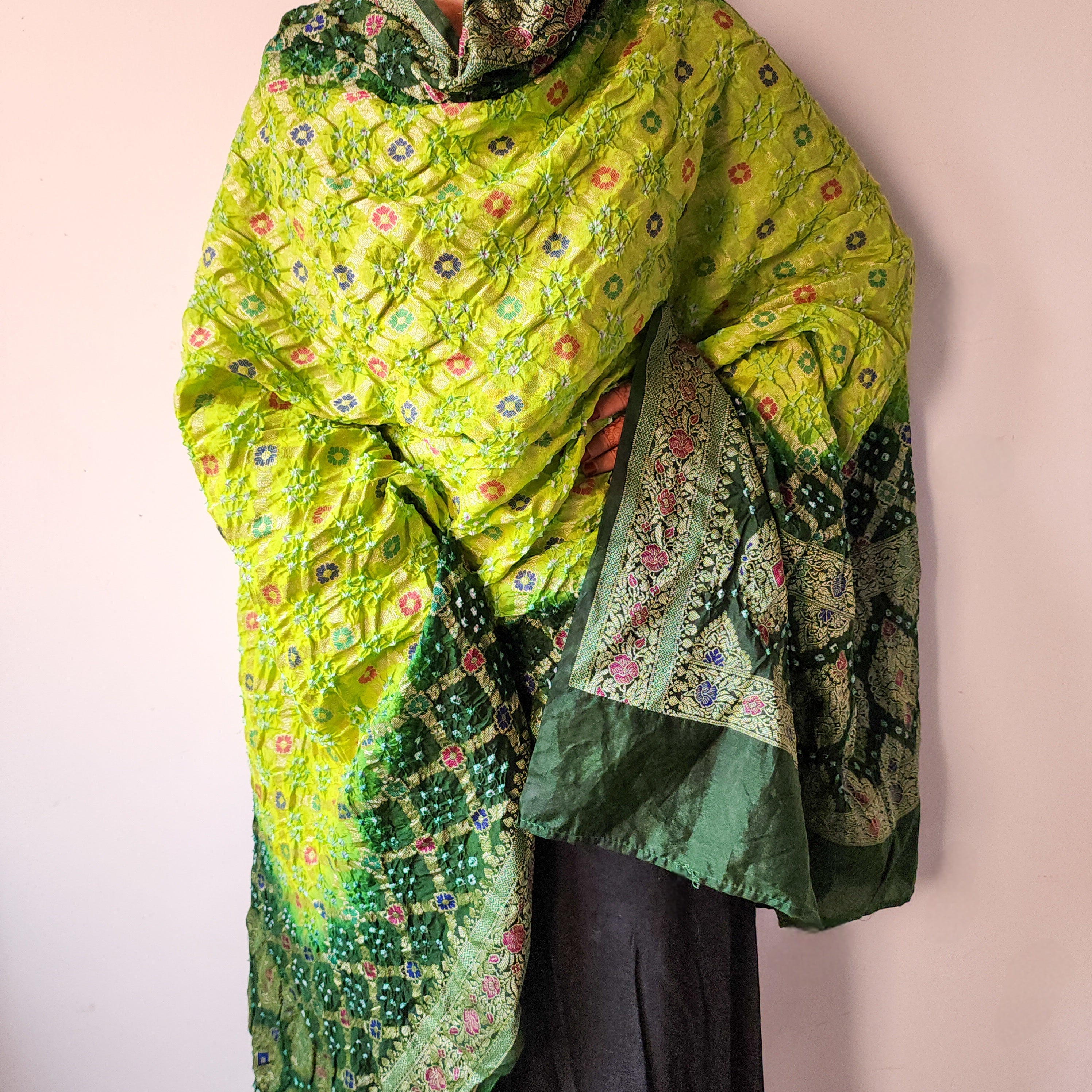 Dual-Tone Green Bandhni Dupatta with Golden Border & Banarasi Meenakari Work