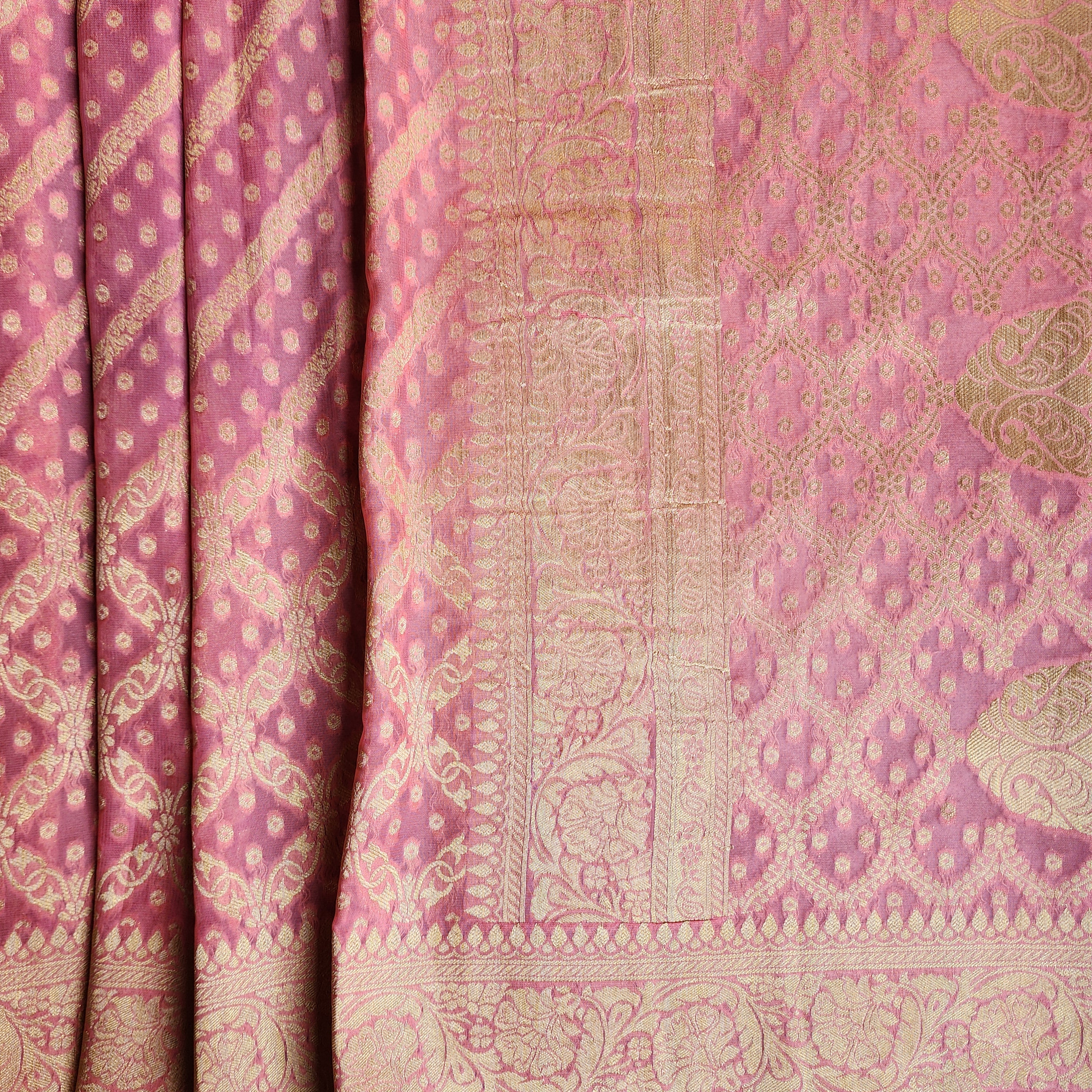 Flamingo Pink Pure Khaddi Georgette Banarasi Saree with Golden Zari