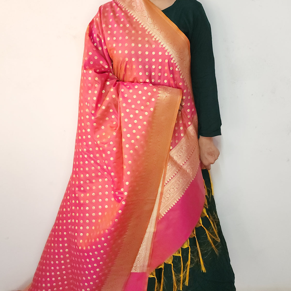 Coral Red Banarasi Silk Dupatta with Gold Polka Dot