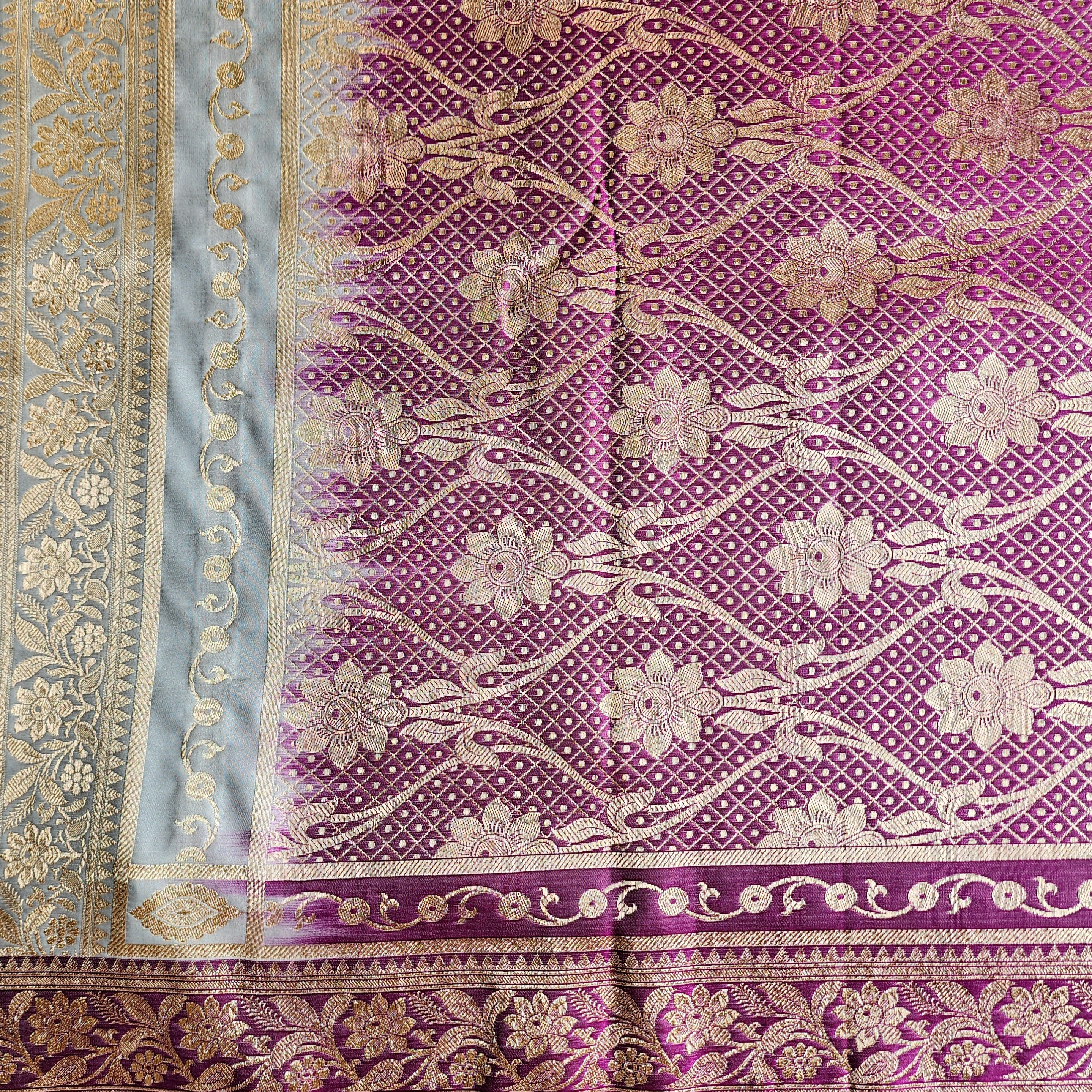 Powder Blue Katan Silk Saree with Purple and Gold Zari Border