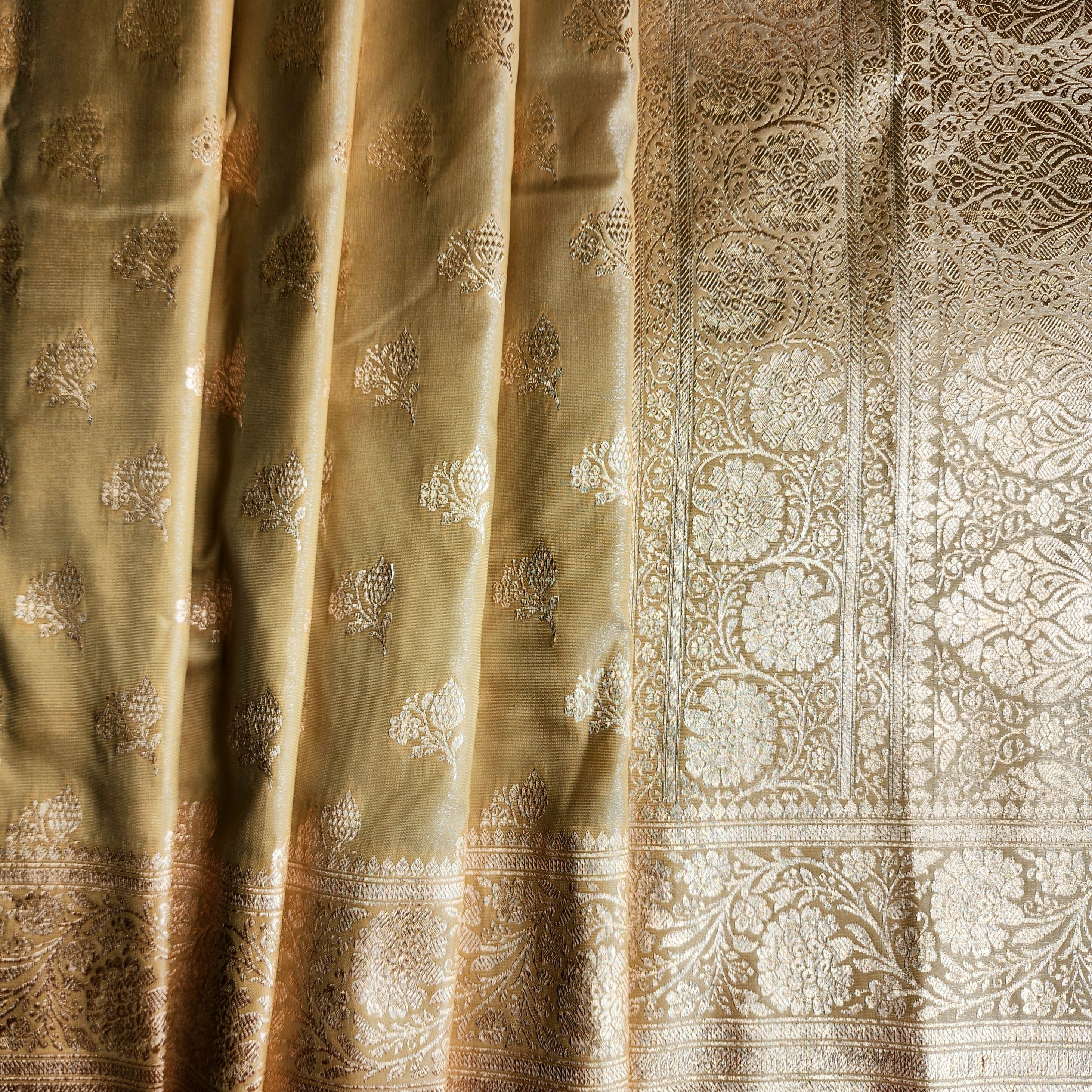 Rich Beige Gold Banarasi Silk Saree with Gold Zari Weaving