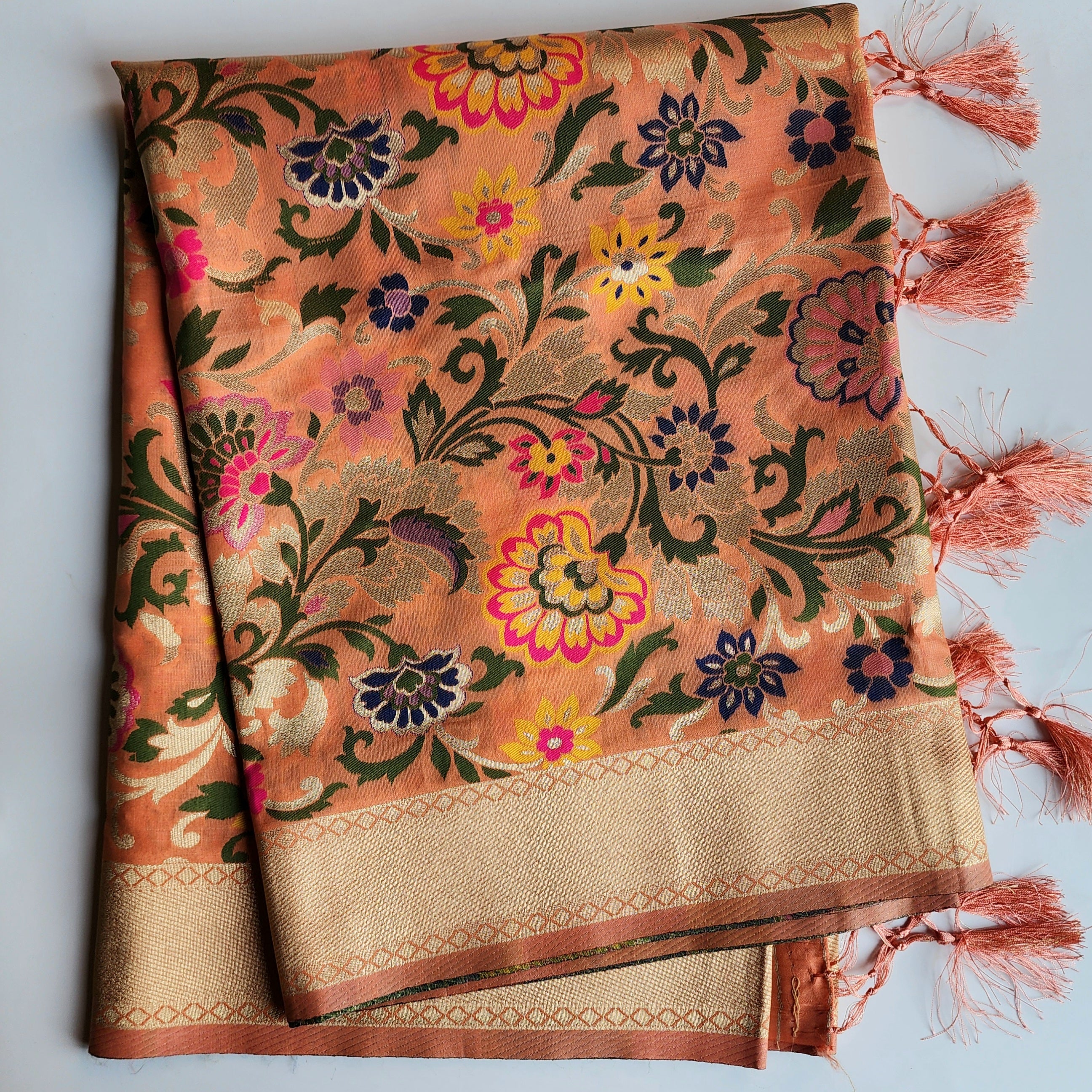 Banarasi Silk Peach Dupatta with Multicolor & Gold Floral Handweaving