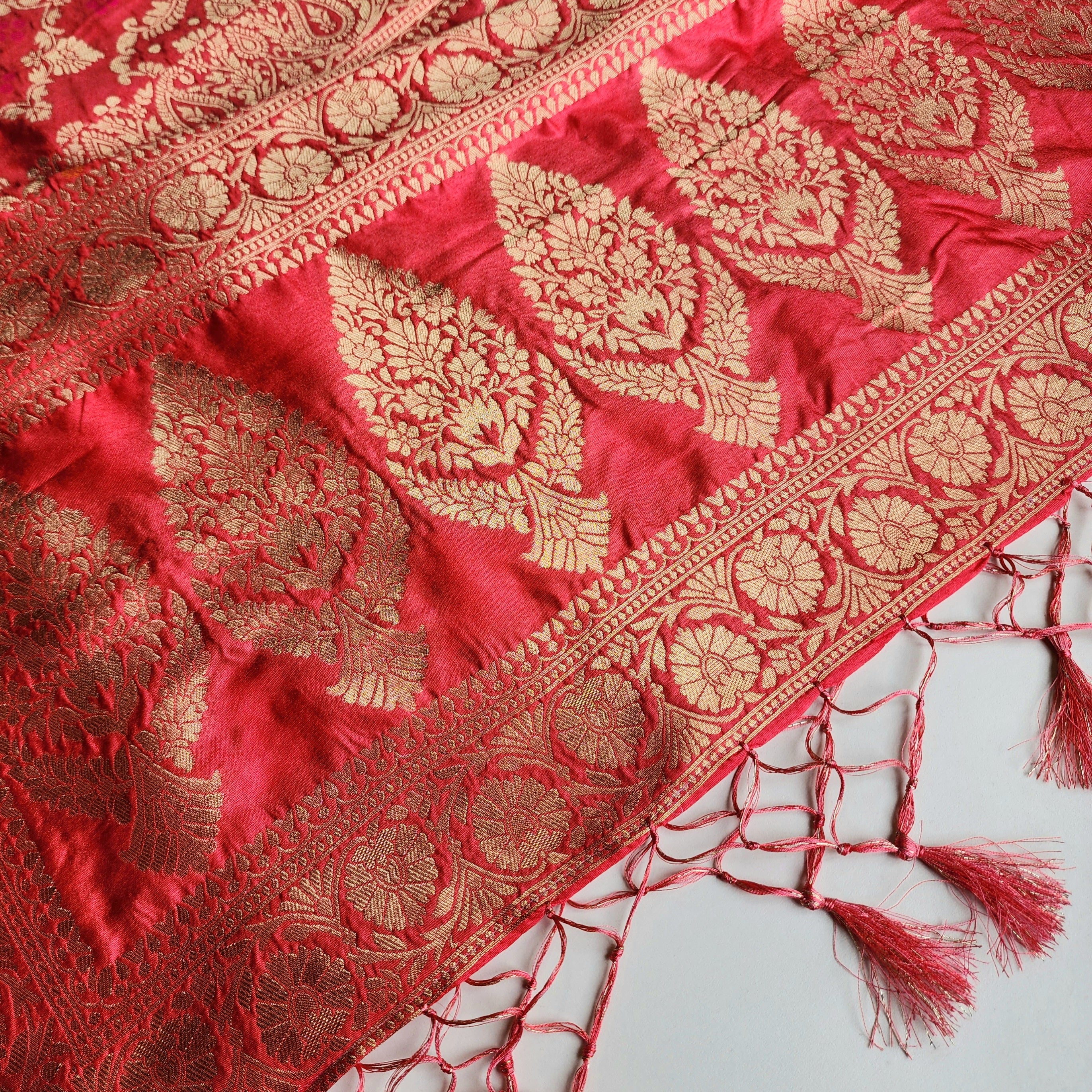 Rose Pink Bandhani Dupatta with Floral and Geometric Zari Weave