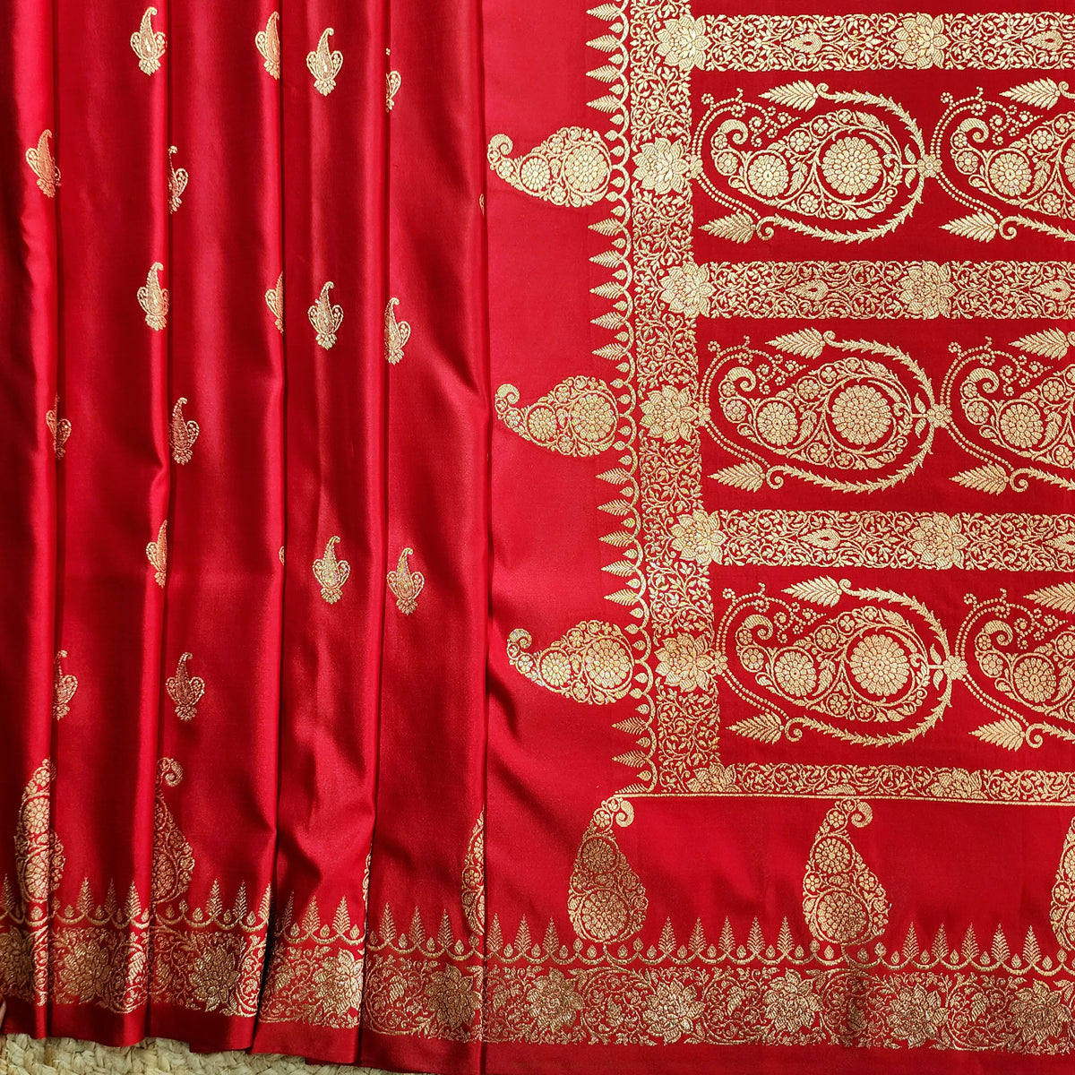 Red Paisley Katan Silk Saree with Gold Zari