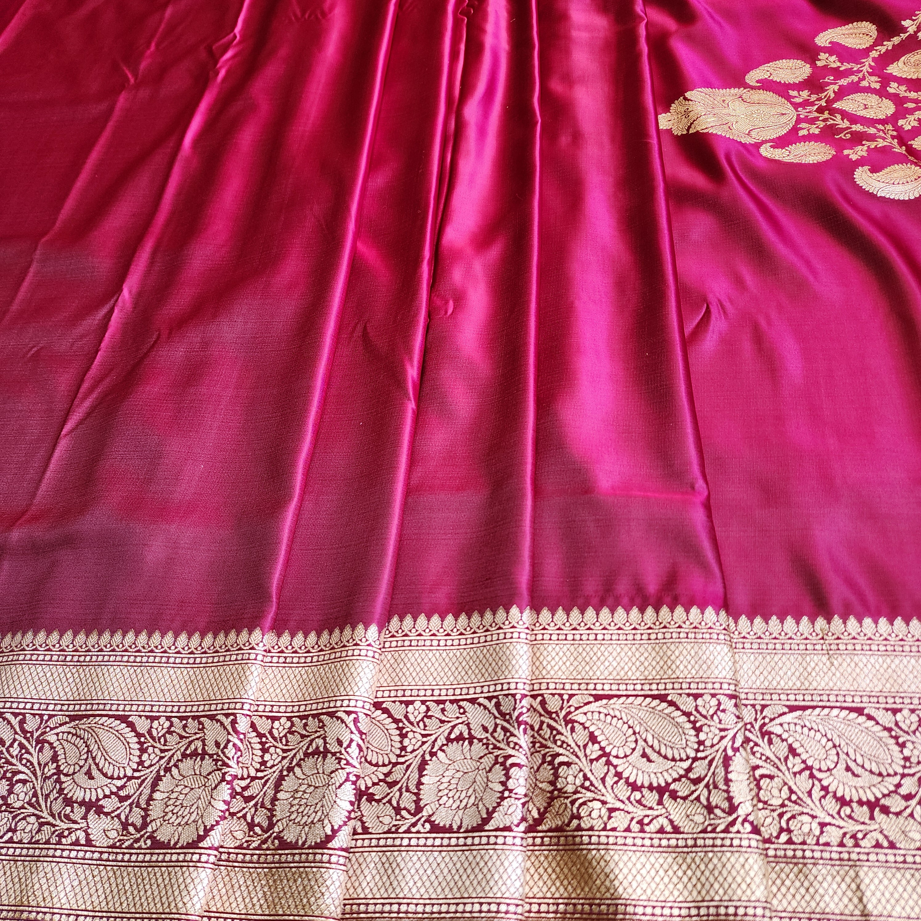 Hot Pink Pure Banarasi Katan Silk Saree with light Gold Zari Weaving