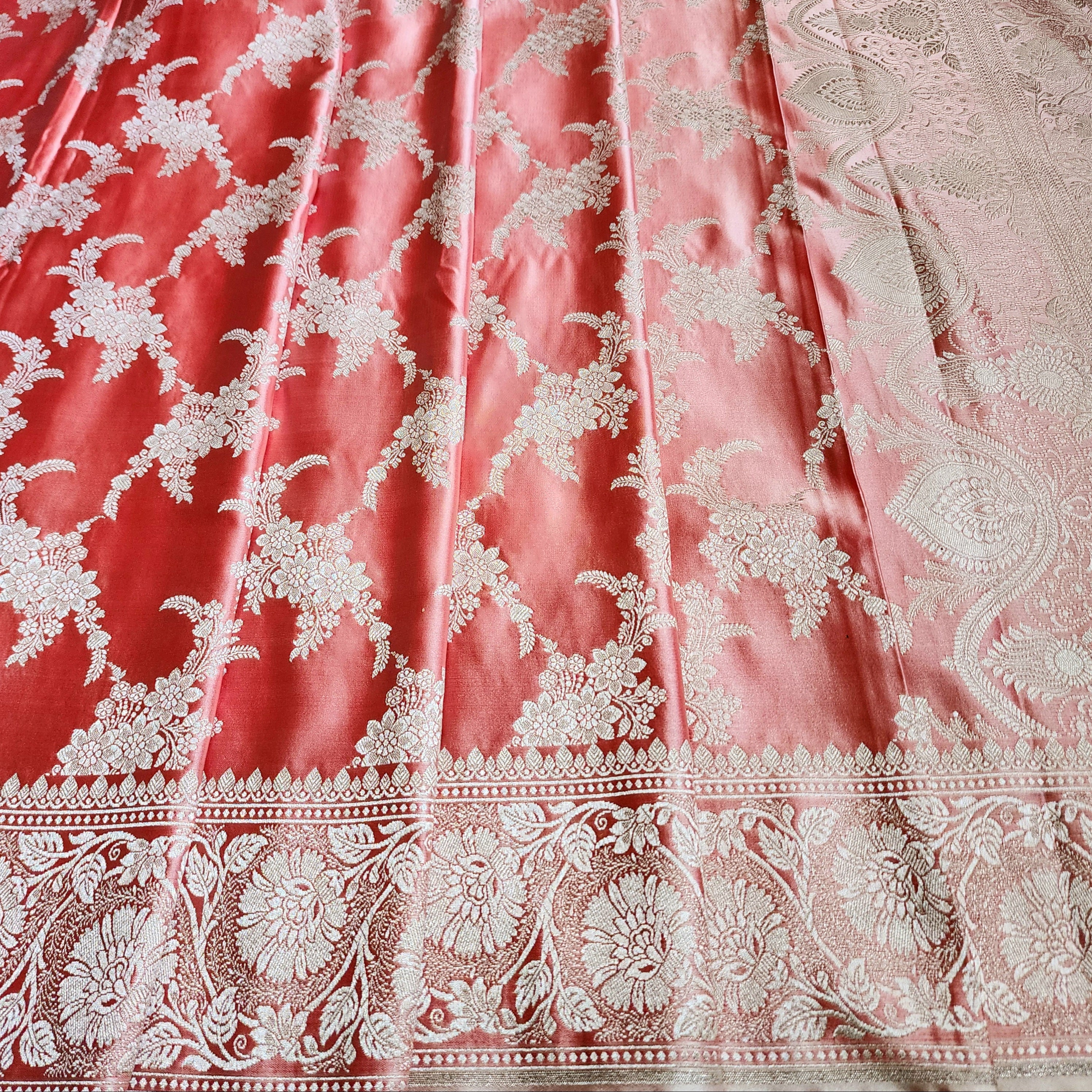 Blush Coral Banarasi Katan Silk Saree with Floral Vine Jaal