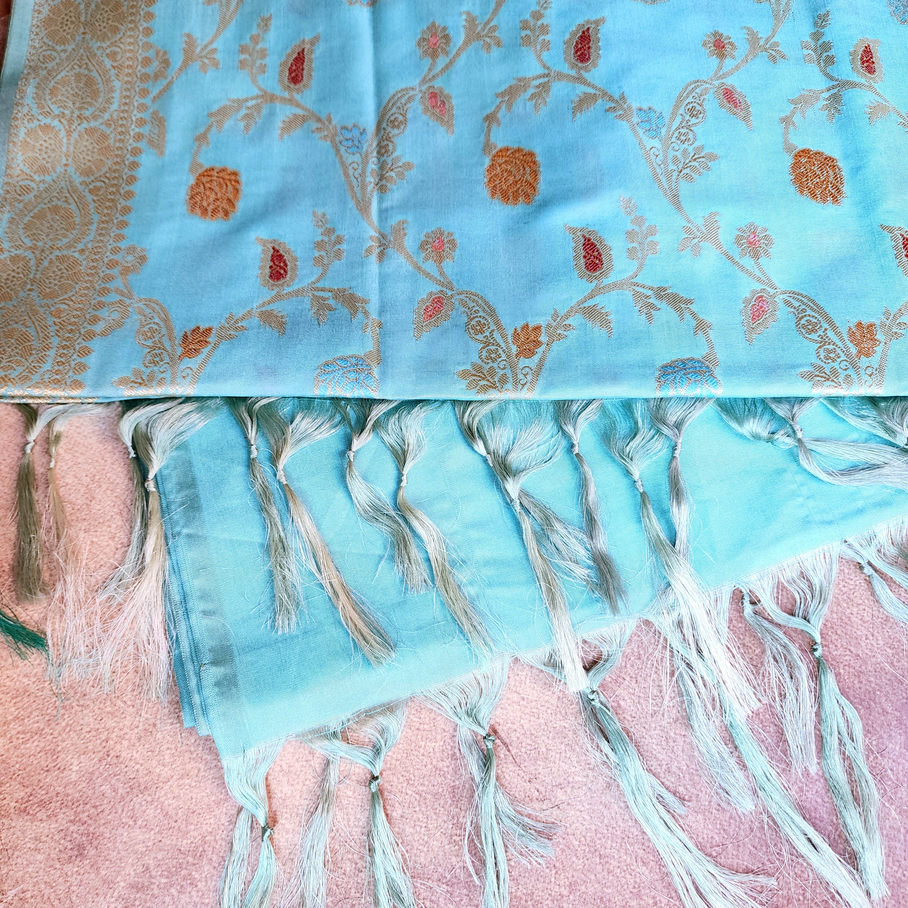Pastel Sky Blue Banarasi Silk Dupatta with Gold Zari Border & Multicolor Meenakari Work