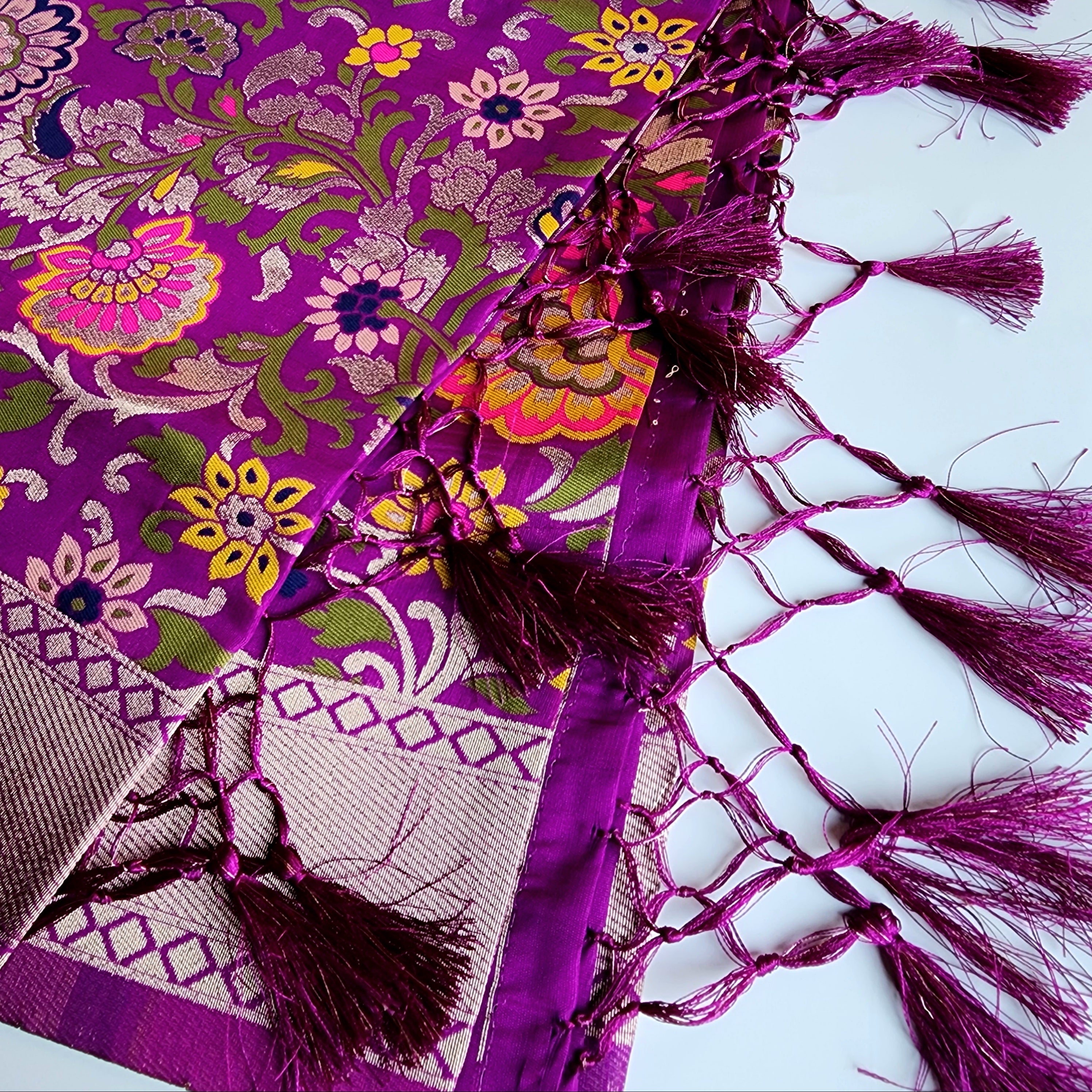 Banarasi Silk Dark Plum Dupatta with Multicolor & Gold Floral Handweaving