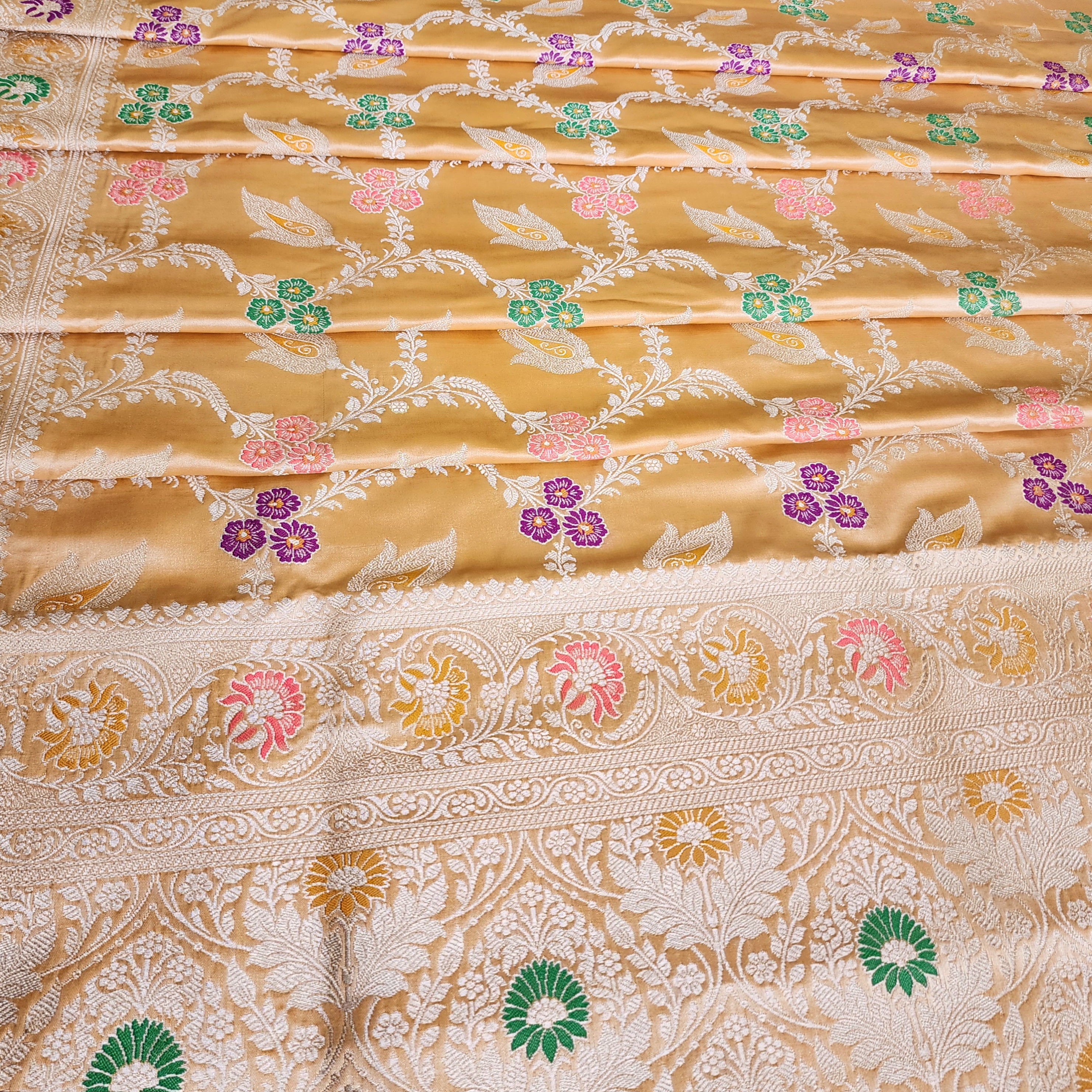 Enriched Dark Orange Banarasi Katan Silk Saree with Multicolor Meenakari Floral Jaal