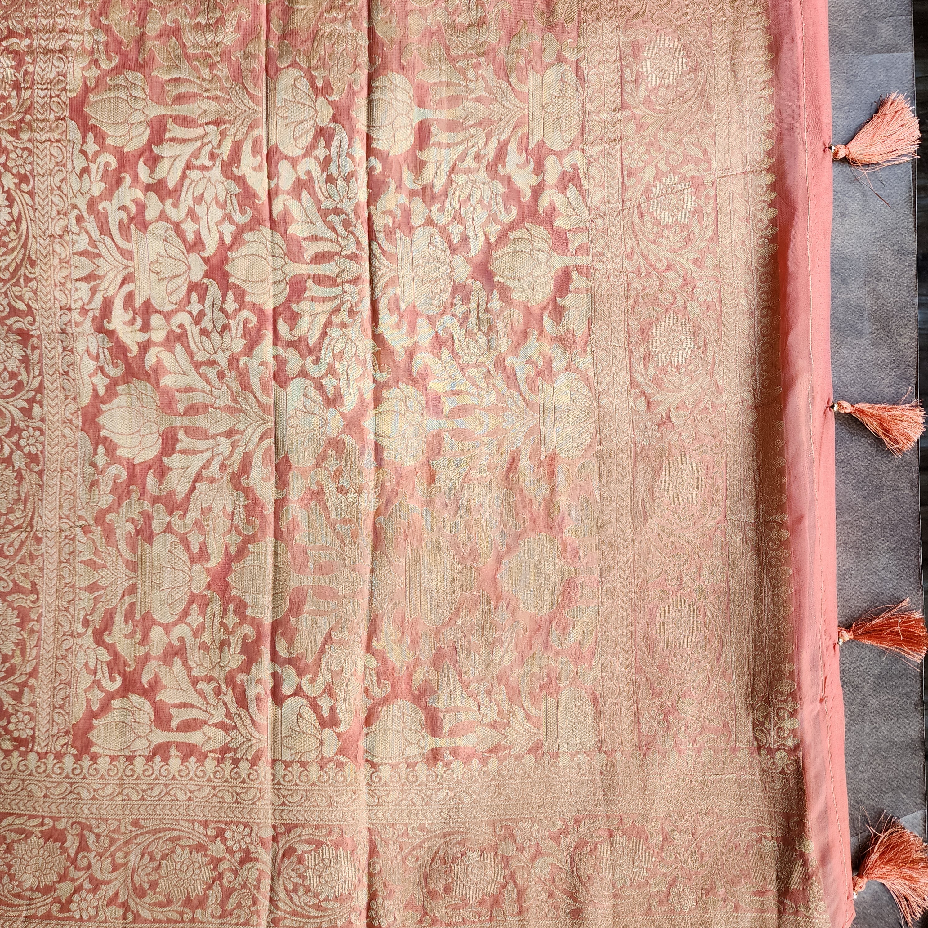 Khaddi Georgette Pure Banarasi Saree in Coral Shade