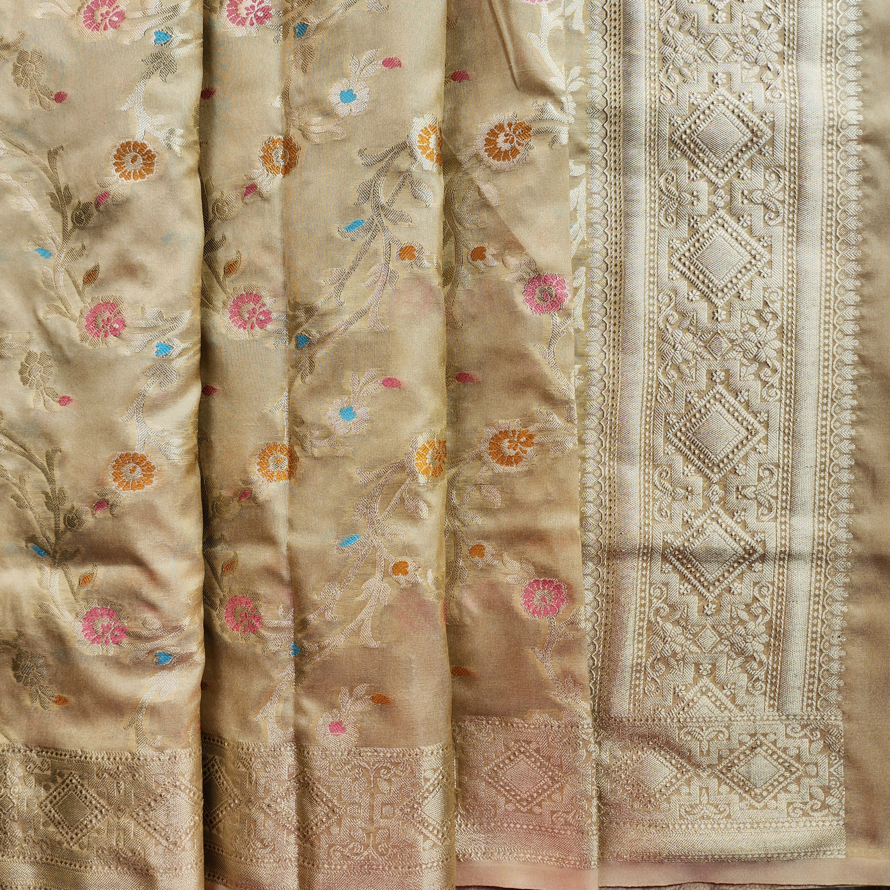 Golden Grid Banarasi Silk Dupatta with Meenakari Work in Beige