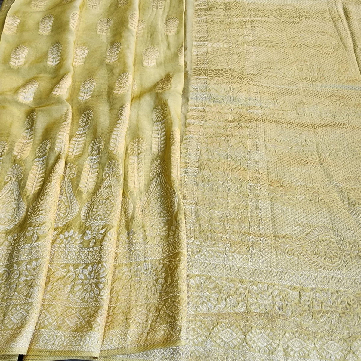 Yellow Khaddi Georgette Pure Banarasi Saree with Gold Zari