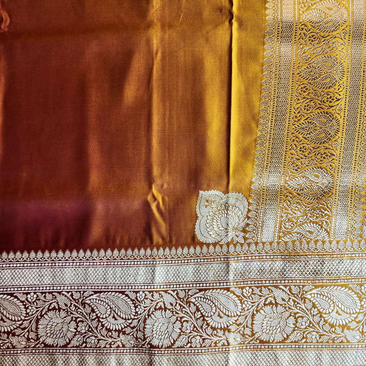 Rich Orange Pure Banarasi Katan Silk Saree with light Gold Zari Weaving