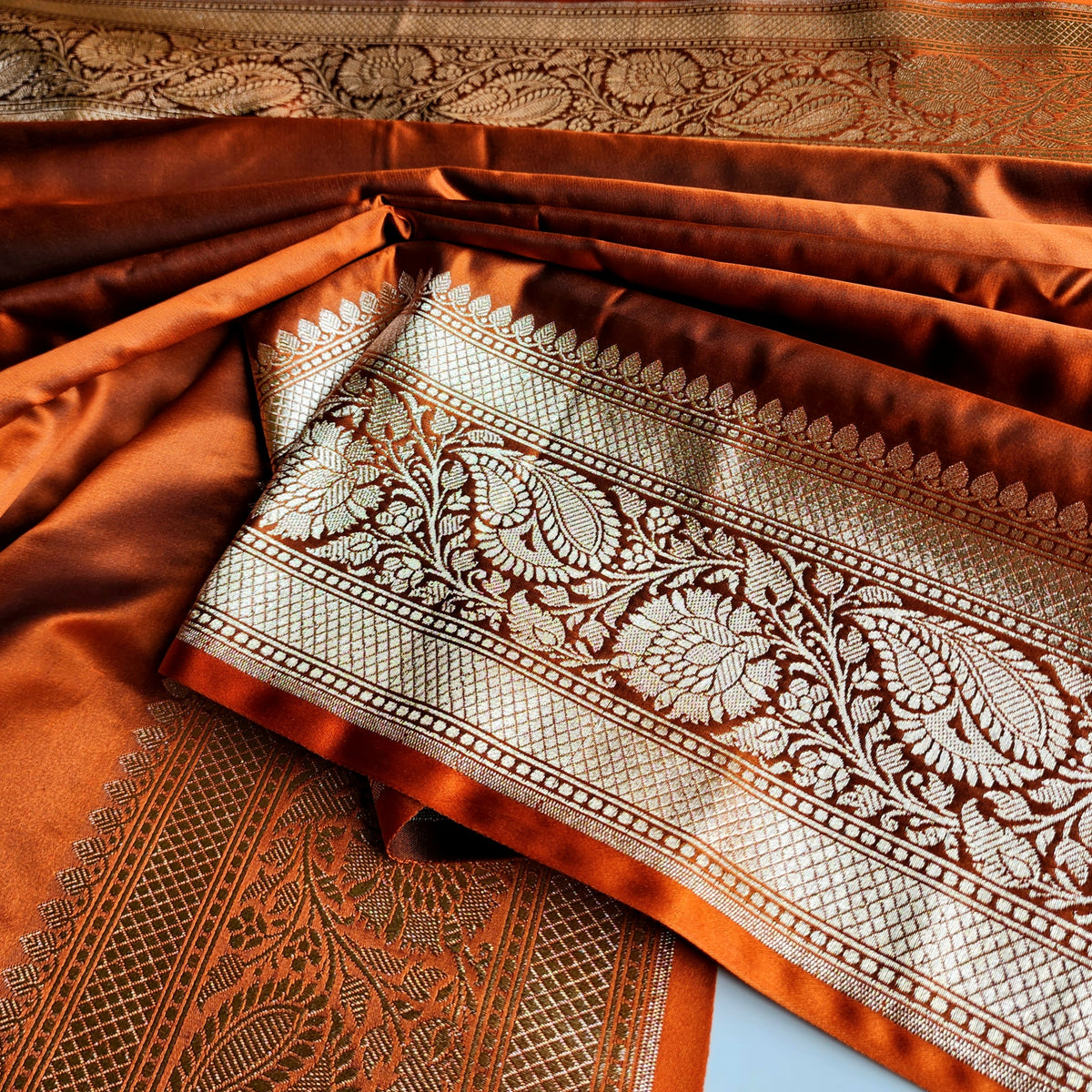 Rich Burnt Copper Pure Banarasi Katan Silk Saree with light Gold Zari Weaving