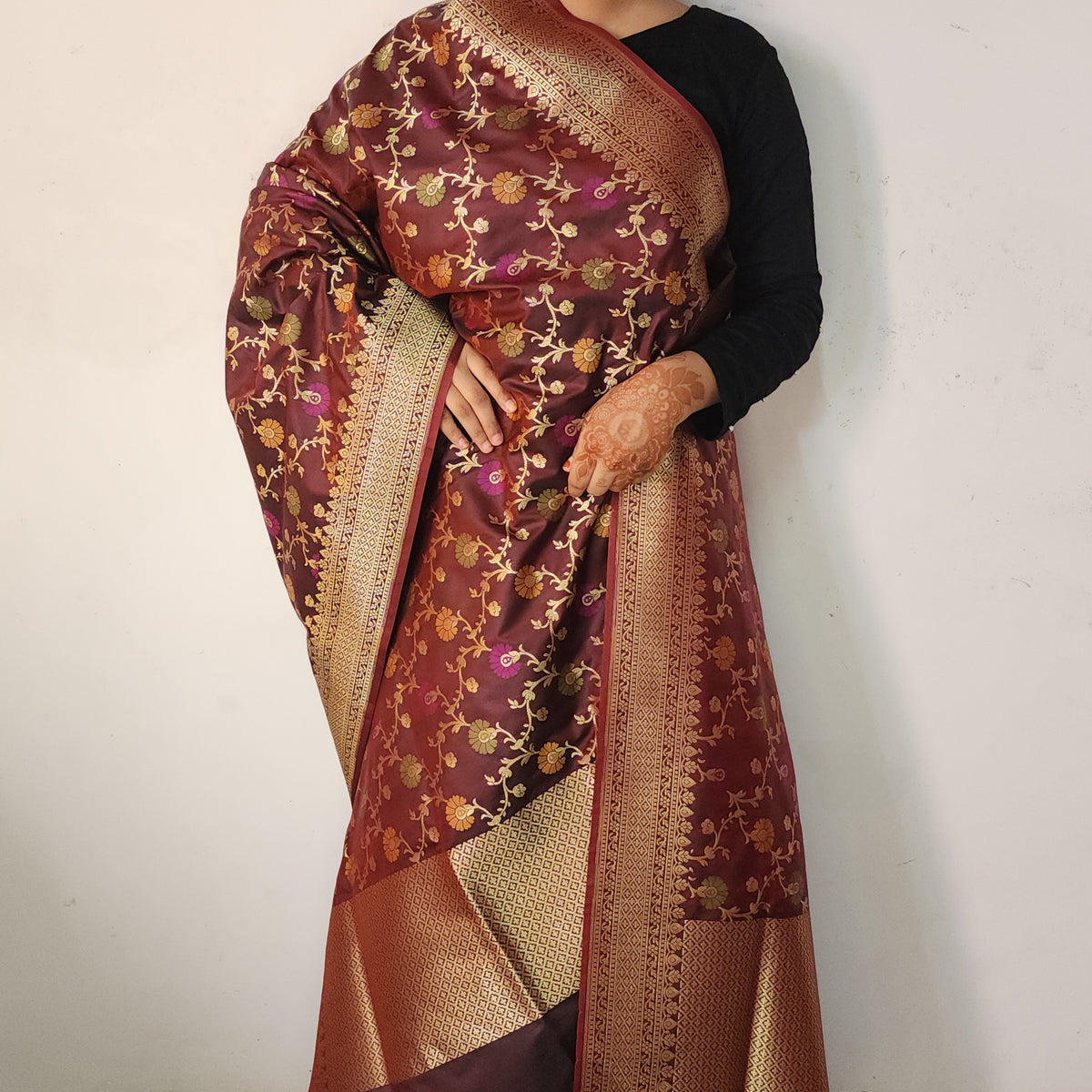 Banarasi Silk Floral Jaal Dupatta - Deep Burgundy