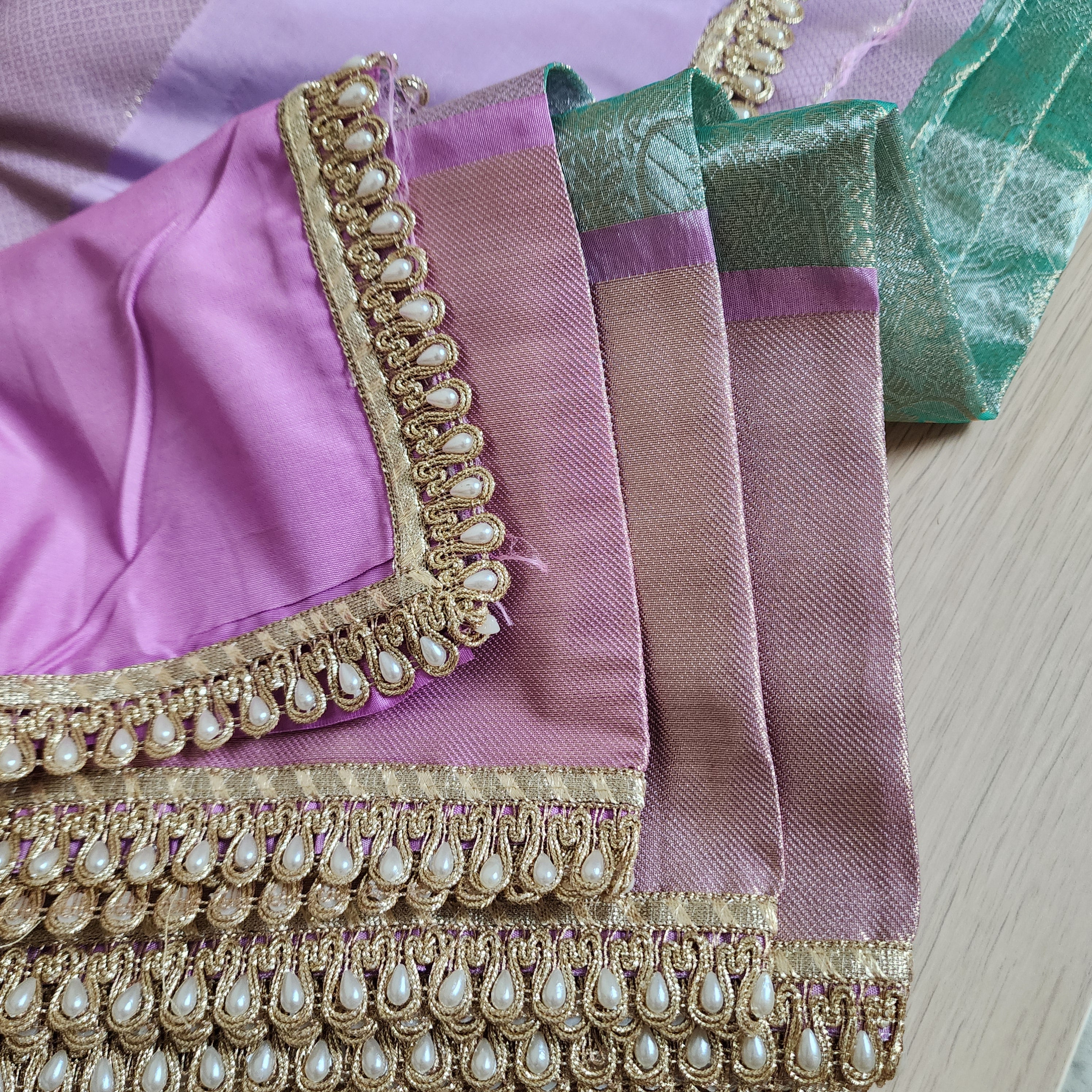 Pastel Sea Green and Pink Brocade Tissue Saree with beaded lace work