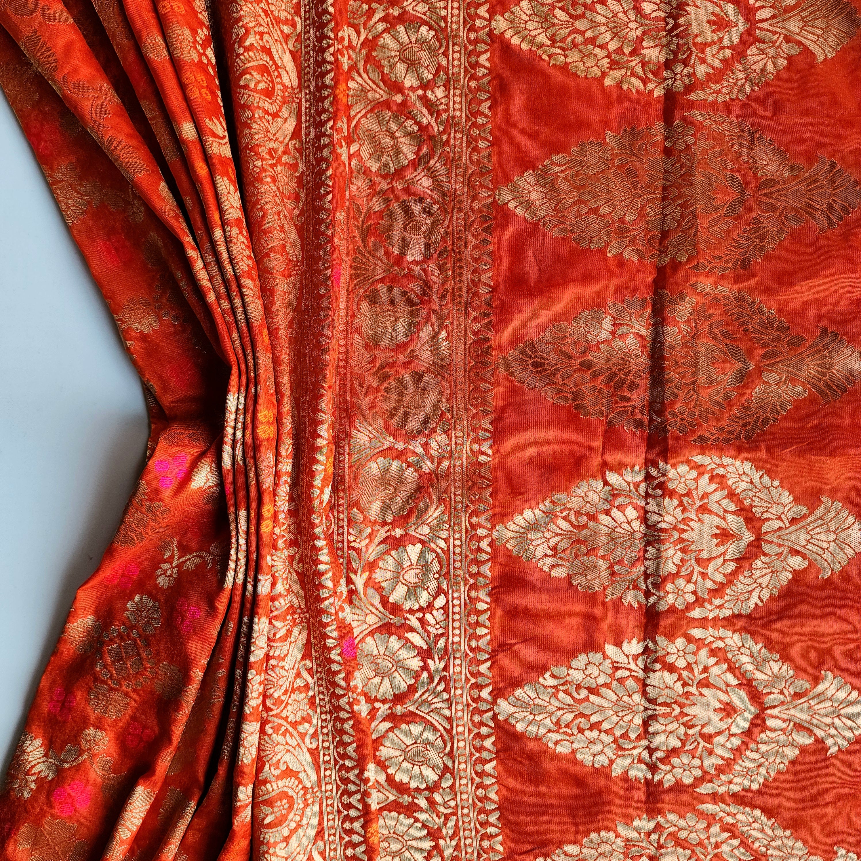 Burnt Orange Bandhani Dupatta with Floral and Geometric Zari Weave