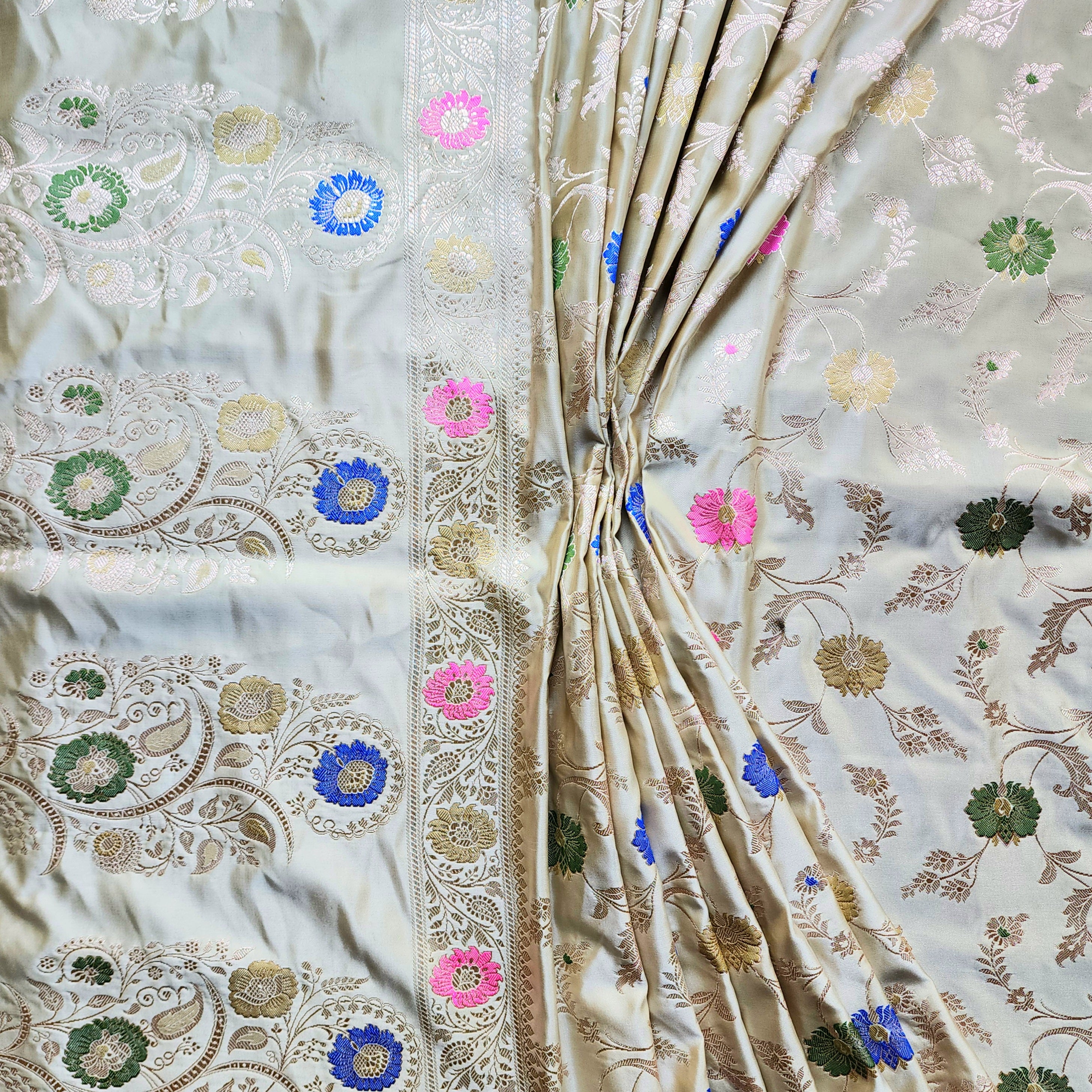 Enriched Banarasi Katan Silk Saree | Light Olive Green Multicolor Meenakari Floral Jaal